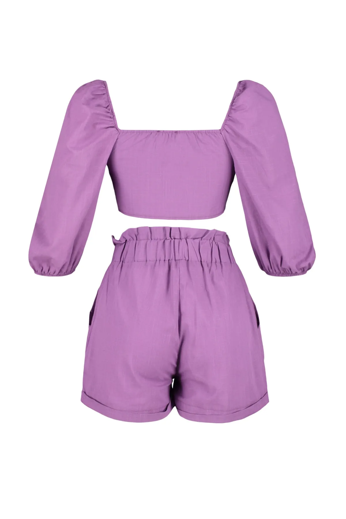 Trendyol Collection  Lilafarbenes, gewebtes, gebundenes Blusen-Shorts-Set aus 100 % Baumwolle TBESS21AU0166
