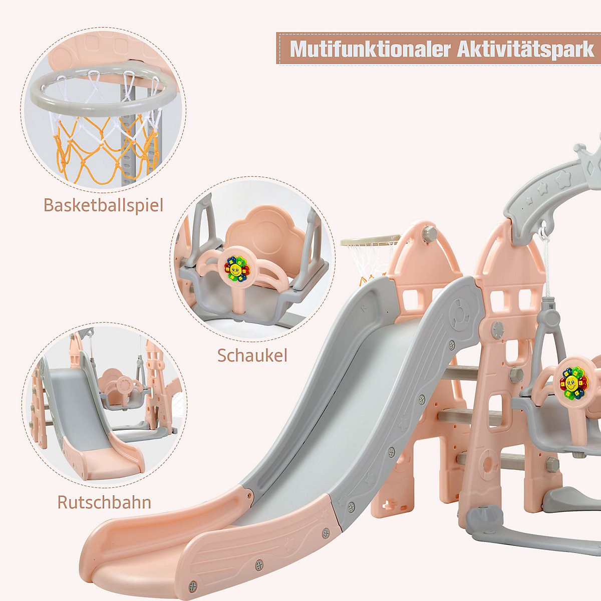 Rutsche mit Schaukeln, Basketballkorb und Fußballtor
