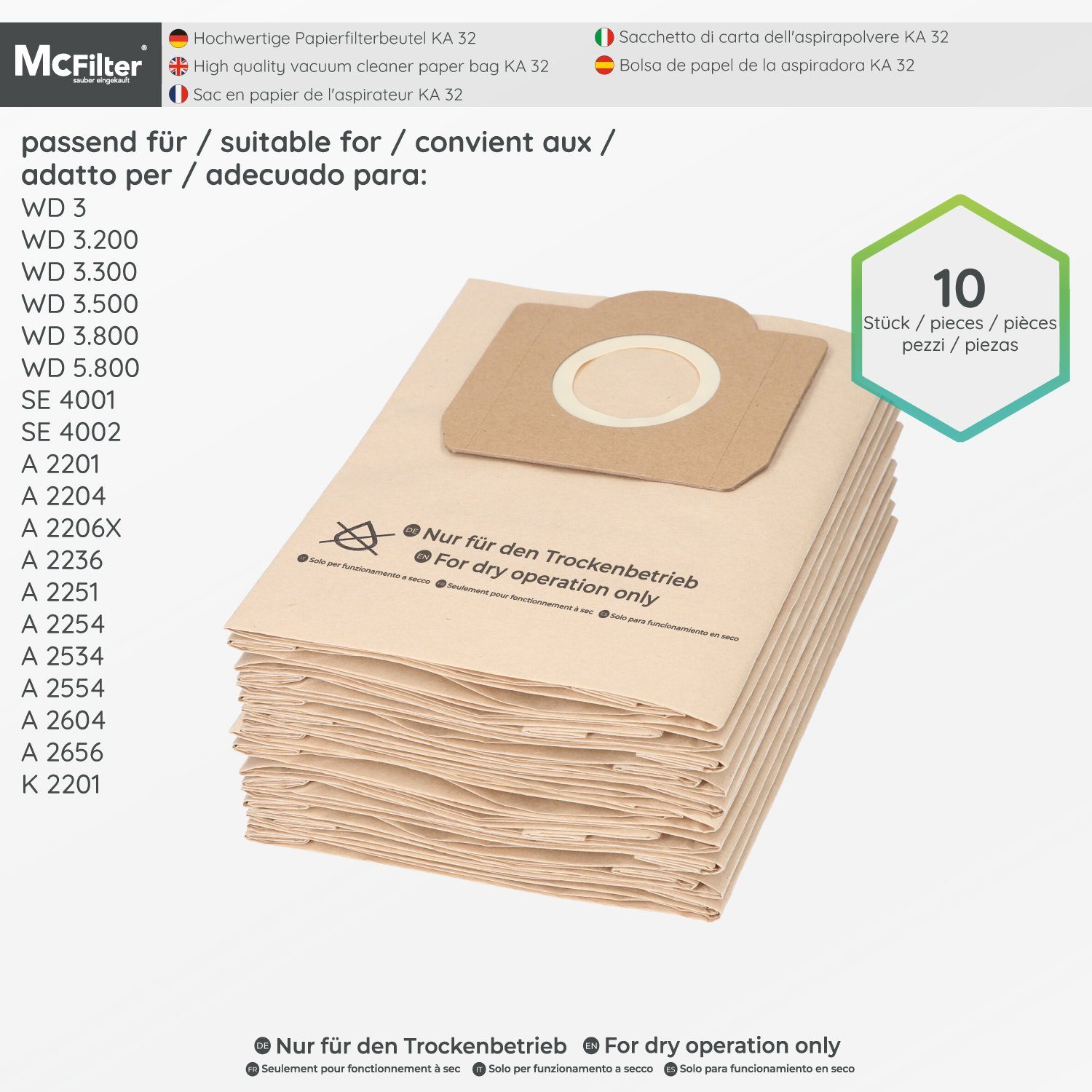 McFilter Staubsaugerbeutel (10 Stück) geeignet für Kärcher 6.959-130.0, passend für Kärcher Nass-Trockensauger WD3 WD 3 und MV3 MV 3 Staubsauger, Gummidichtring, hohe Reißfestigkeit, ungeeignet für Fein - und Schleifstaub, 10 St., Filterpapier, 3-lag