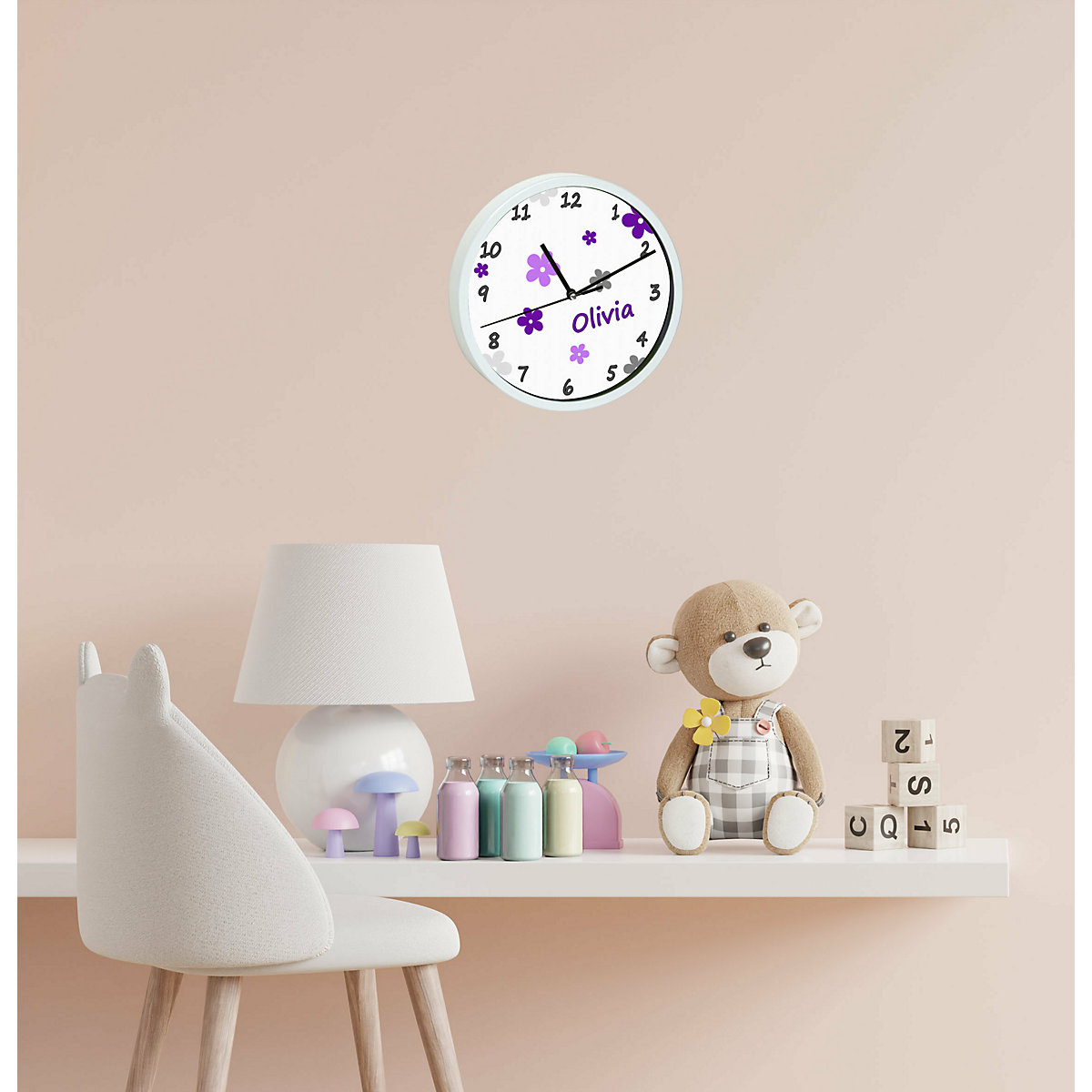 Kinder Wanduhr personalisiert mit Name Blumen Lila-Grau