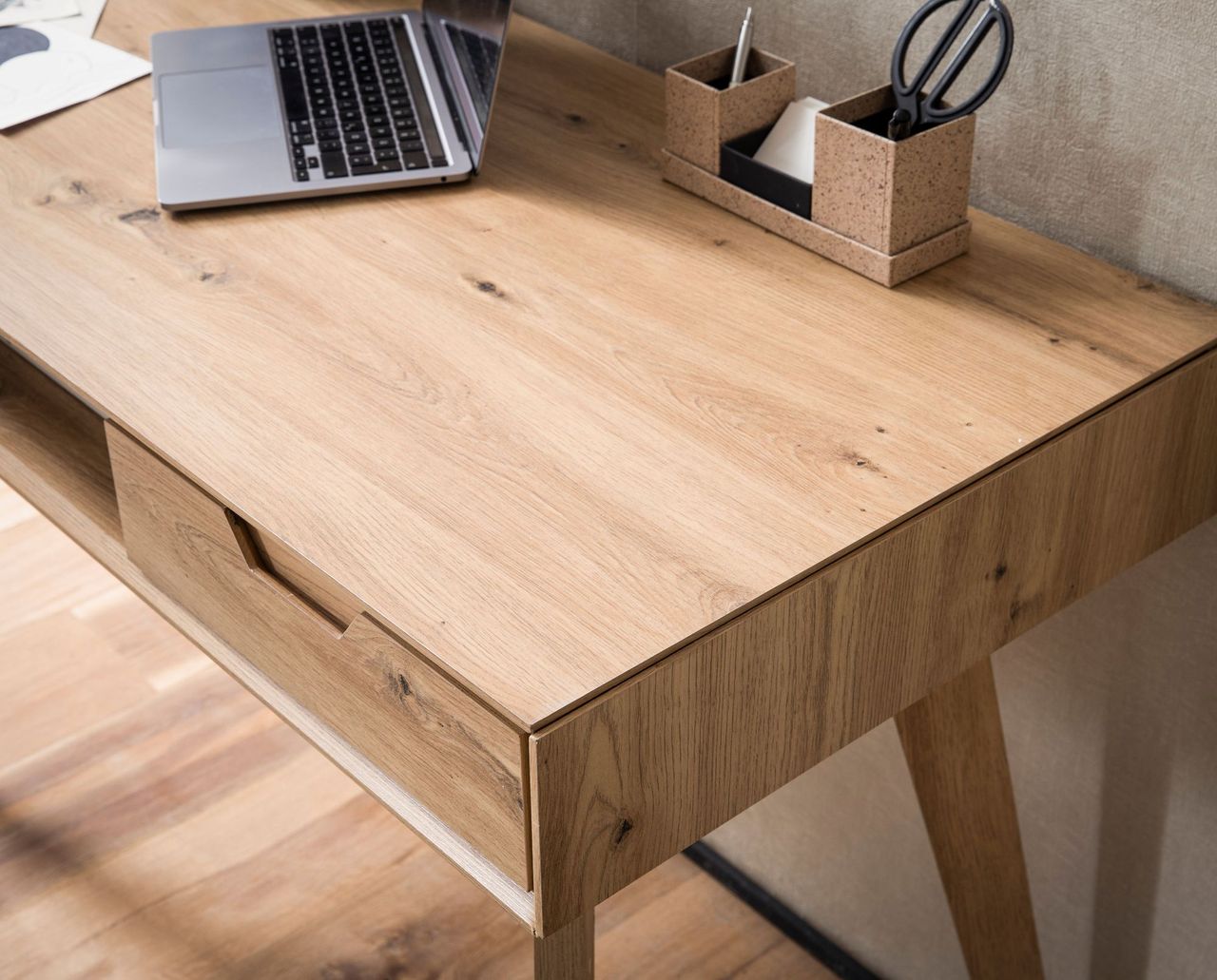 Wohnling Schreibtisch 120 cm Eiche Dekor mit Schubladen