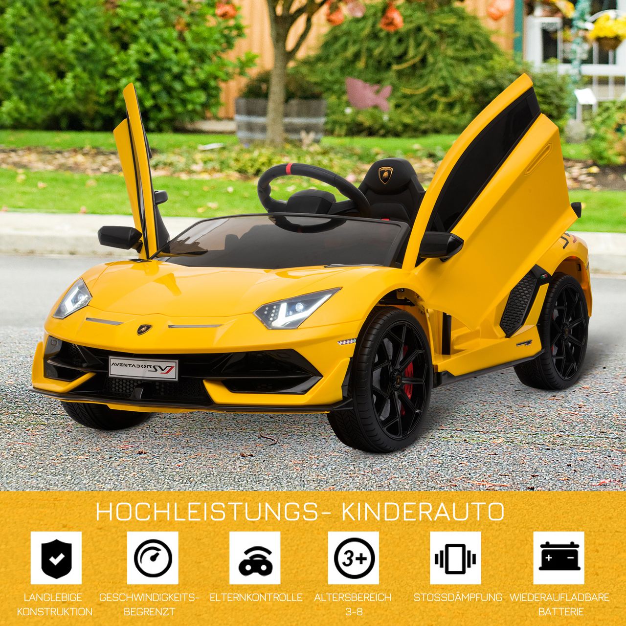 HOMCOM Kinderauto Lamborghini SVJ Elektroauto für 3-8 Jahre mit MP3 Gelb