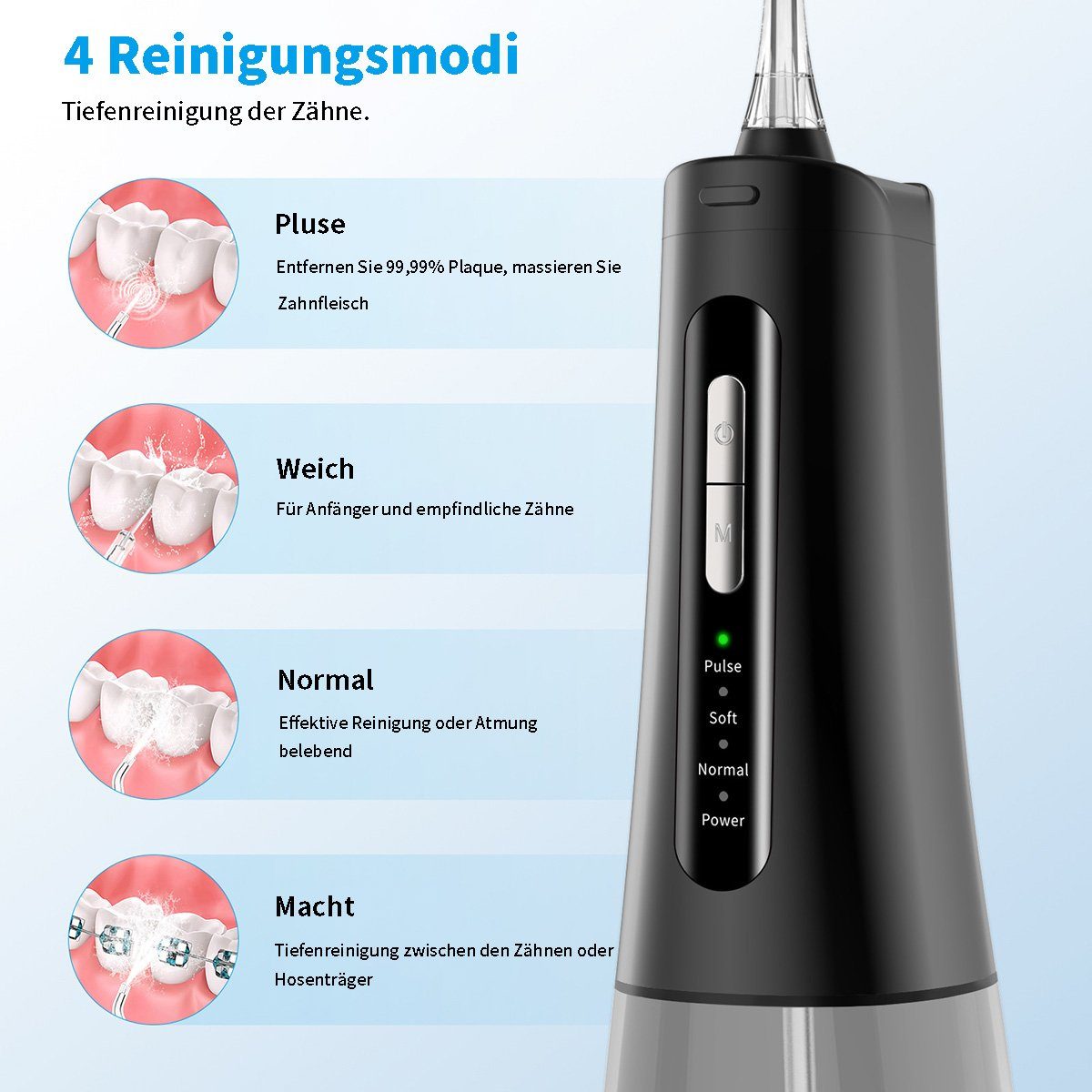 flowgoer Munddusche Akku-Munddusche, 300 ml, wasserfeste Dusche, Interdentalreiniger, Tragbar, 4 Modi, 4 Düsen, 40 Tage Nutzung mit einer einzigen Ladung