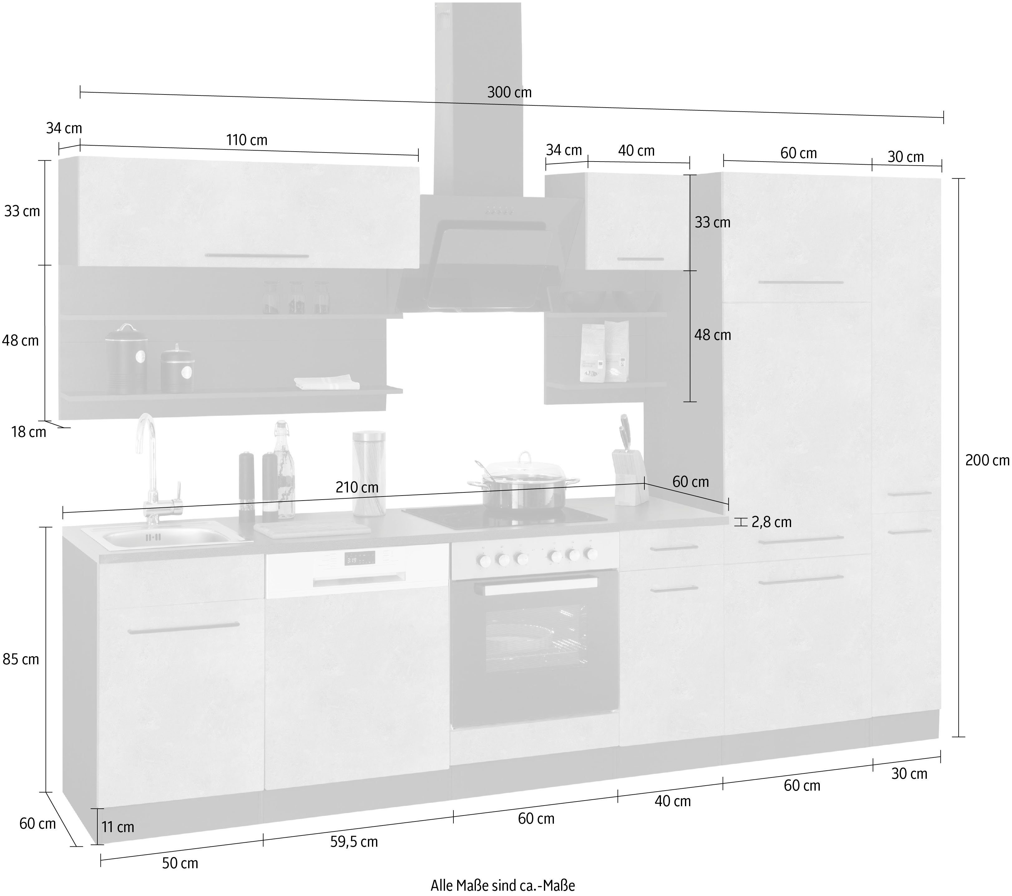 HELD MÖBEL Küchenzeile Tulsa, mit E-Geräten, Breite 300 cm, schwarze Metallgriffe, MDF Fronten