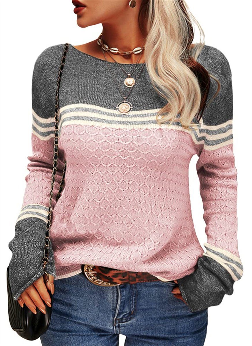 Ronner UG Longpullover Gestreifter schmaler Strickpullover für Damen mit Rundhalsausschnitt (1-tlg)