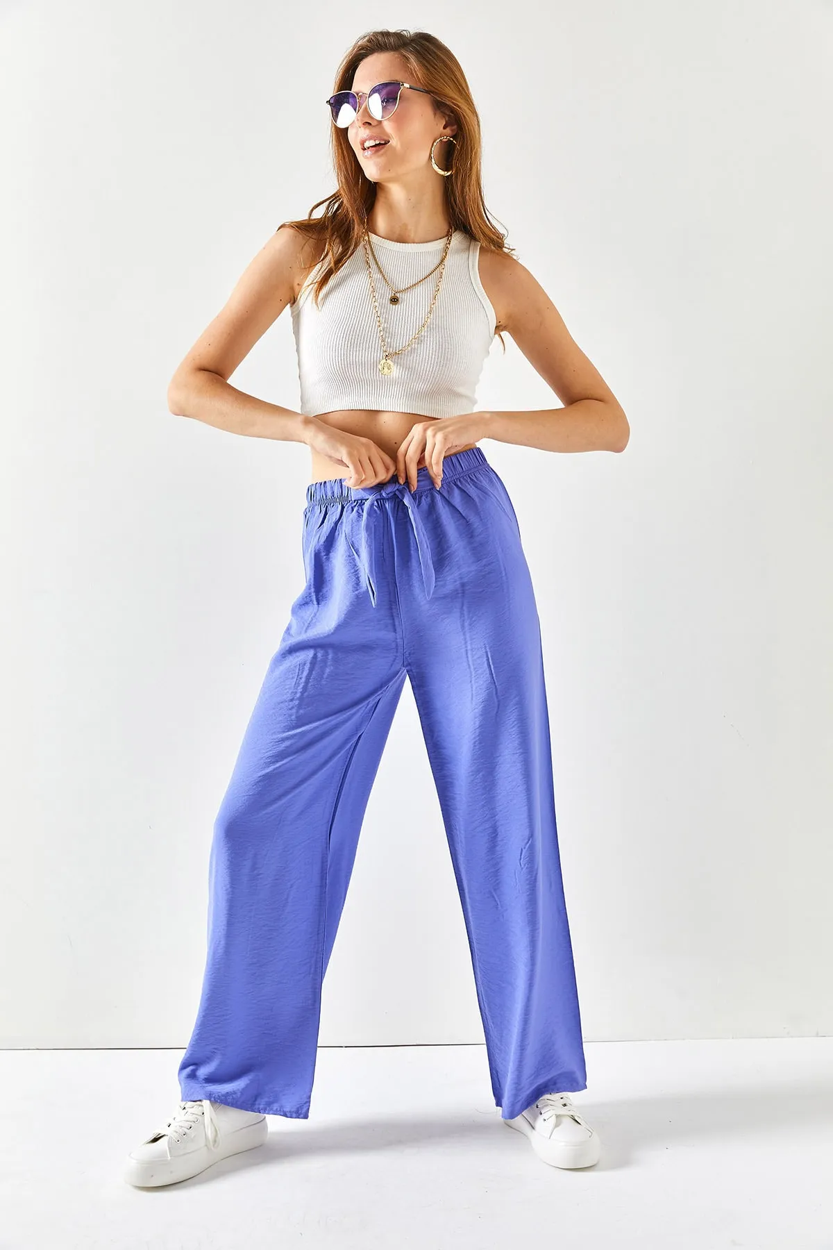 Olalook  Lilafarbene Palazzo-Ayrobin-Hose mit Gürtel und elastischem Bund für Damen PNT-19000200