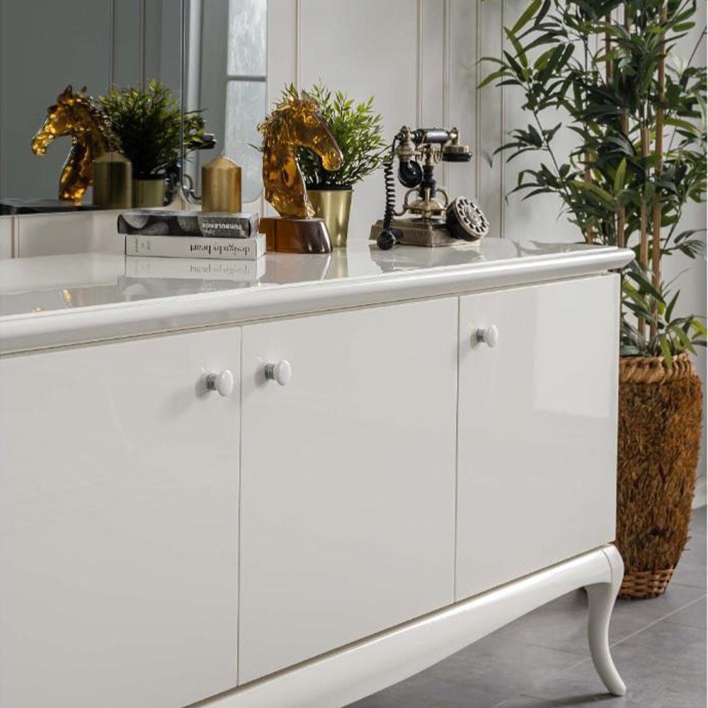 JVmoebel Essgruppe Essgruppe Essecke Esszimmer Esstisch Holz Weiß Set 7tlg Sideboard, (Esstisch / 4x Stühle / Sideboard / Spiegel), Made In Europe