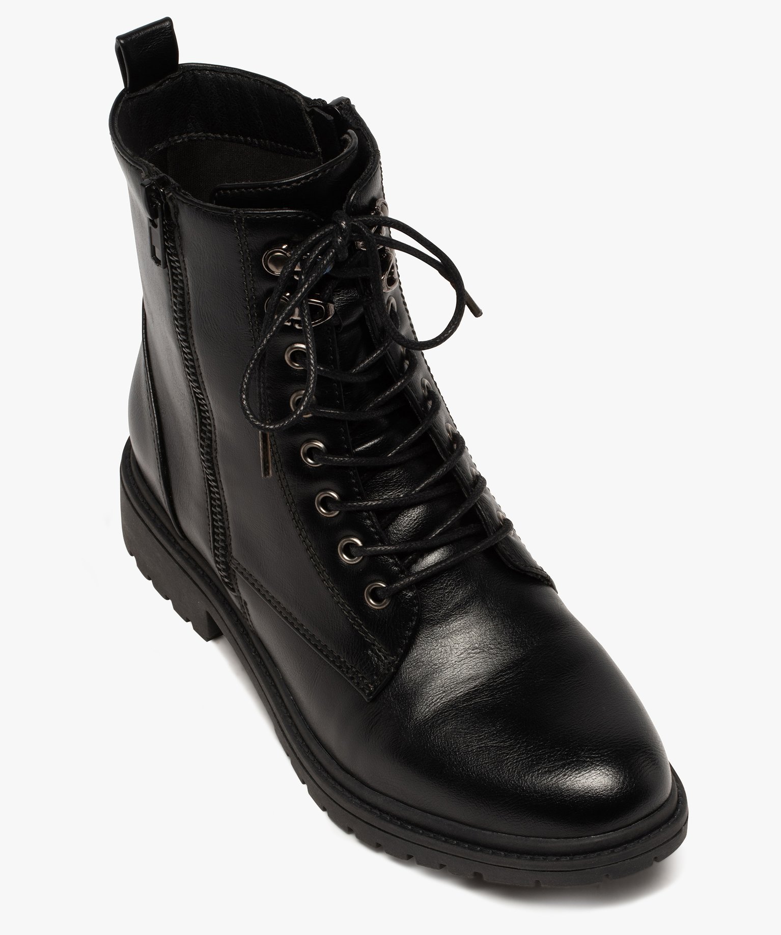 Boots femme unis à semelle crantée et zip décoratif noir | GEMO