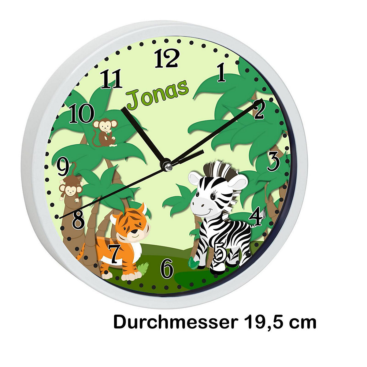 Kinder Wanduhr laufruhig personalisiert mit Name Safari-Zebra