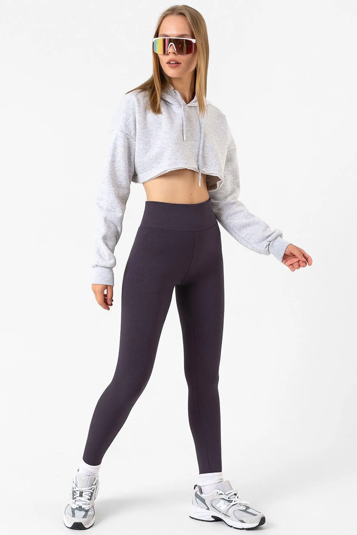 Domoda  Geräucherte, gerippte, elastische Strickstrumpfhose mit hoher Taille und Interlock-Taille