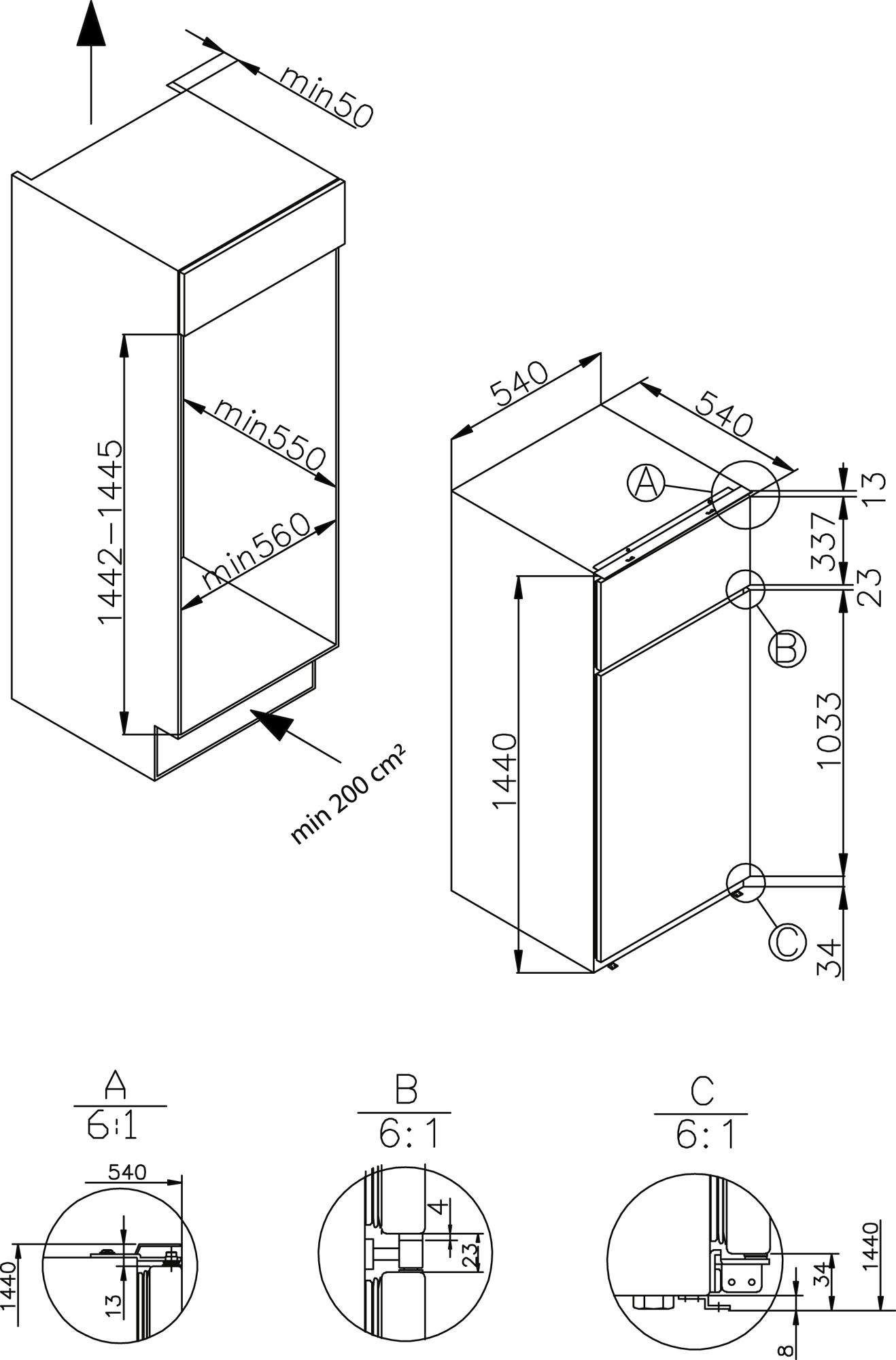 Amica Einbaukühlgefrierkombination EDTS 374 900, 144 cm hoch, 54 cm breit, LED- Beleuchtung
