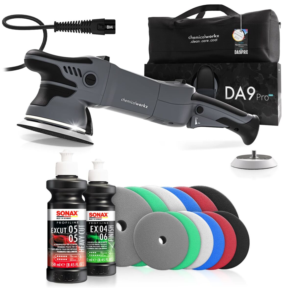 chemicalworkz DA9 Pro Max Poliermaschinen Set mit Sonax Polituren, Polierpads & 2 Stützteller