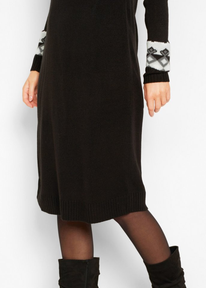 Strickkleid mit Norwegermuster und weitem Rollkragen, kniebedeckend