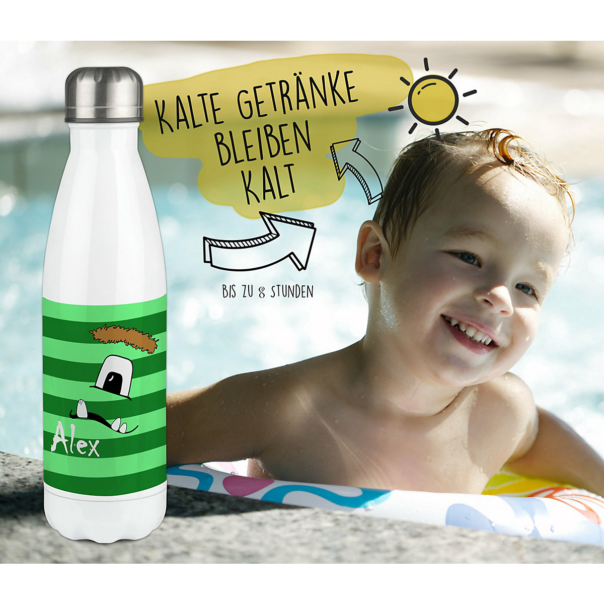 Edelstahl Kinder Thermoflasche / Trinkflasche bunt Monster Streifen Farbe grün Spülmaschinenfest, Auslaufsicher, Bruchfest, Doppelwandig, Für Heißgetränke geeignet, Mit Deckel, Isoliert
