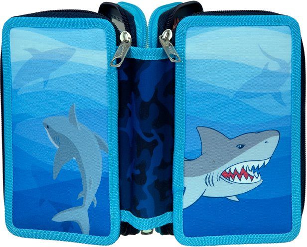 Scooli Federmäppchen Tripledecker, Shark Alarm, befüllt, inkl. Geodreieck