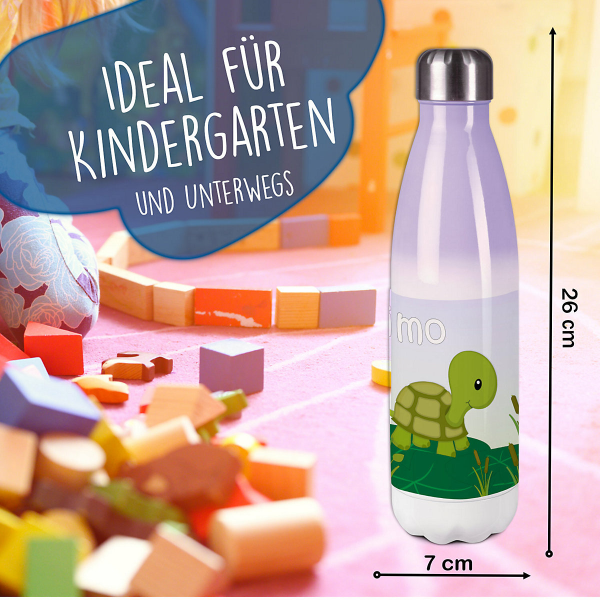 Edelstahl Kinder Thermoflasche / Trinkflasche bunt Schildkröte Spülmaschinenfest, Auslaufsicher, Bruchfest, Doppelwandig, Für Heißgetränke geeignet, Mit Deckel, Isoliert