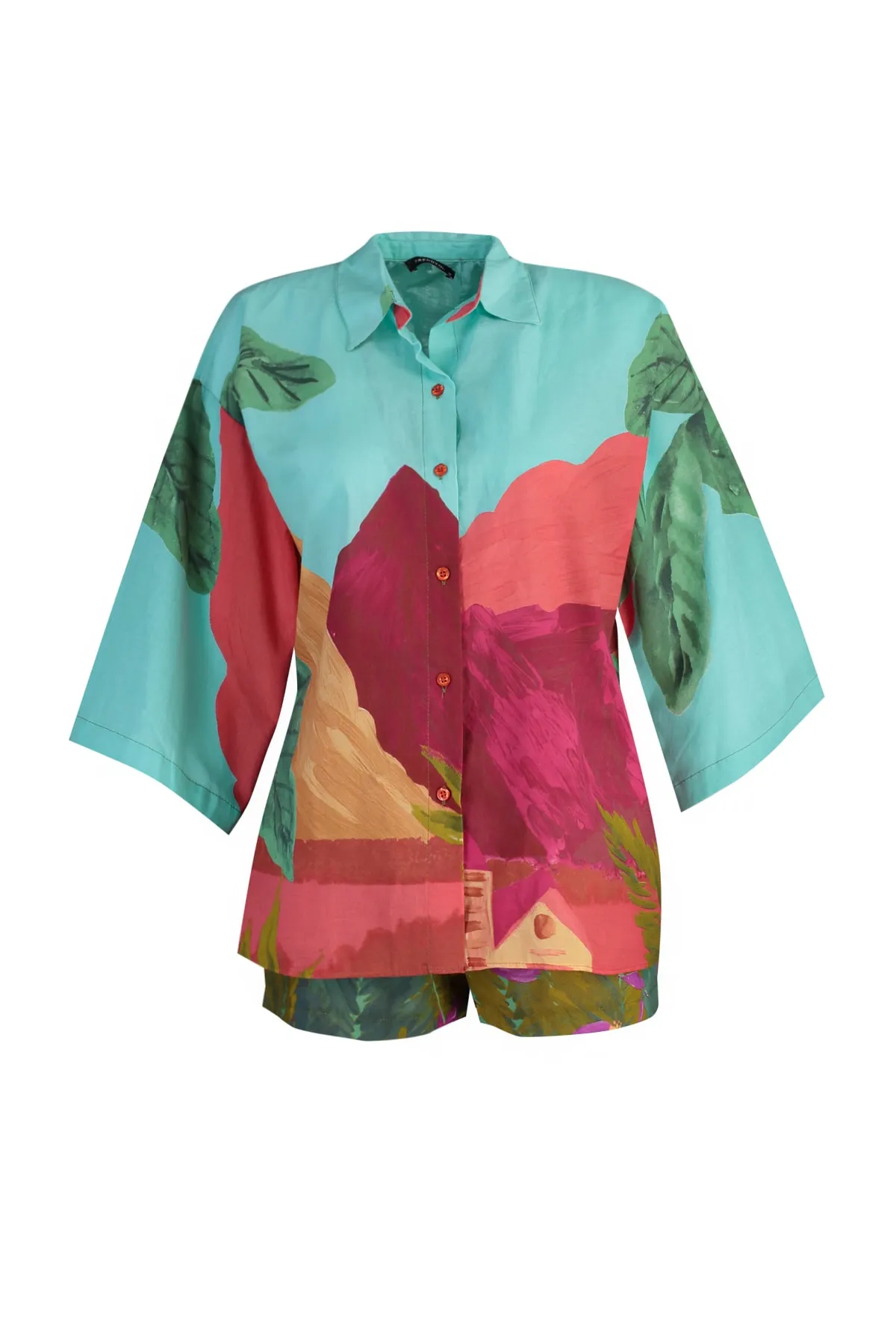 Trendyol Collection  Gewebtes Hemd-Shorts-Set aus 100 % Baumwolle mit Landschaftsmuster TBESS22AU0040