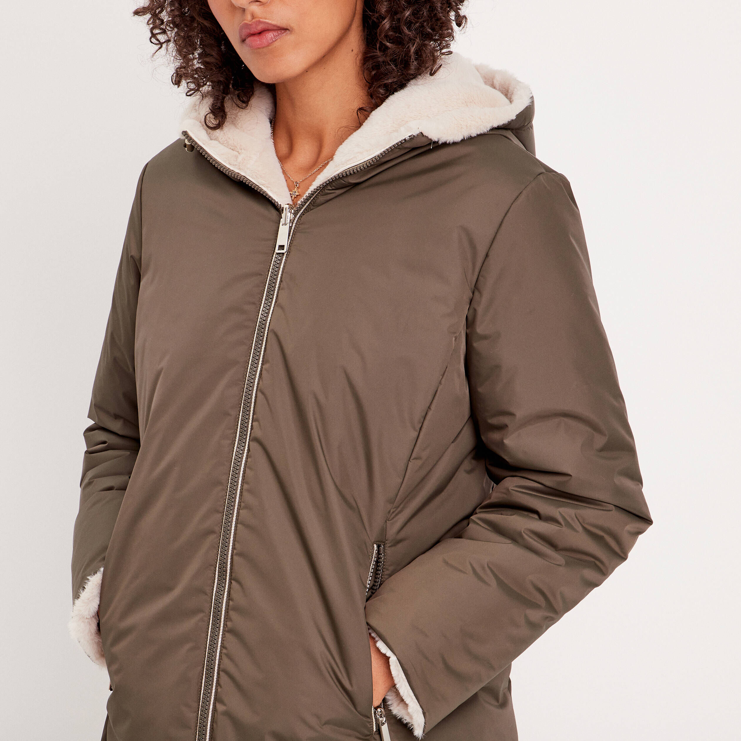 Parka réversible à capuche vert kaki femme | Cache Cache