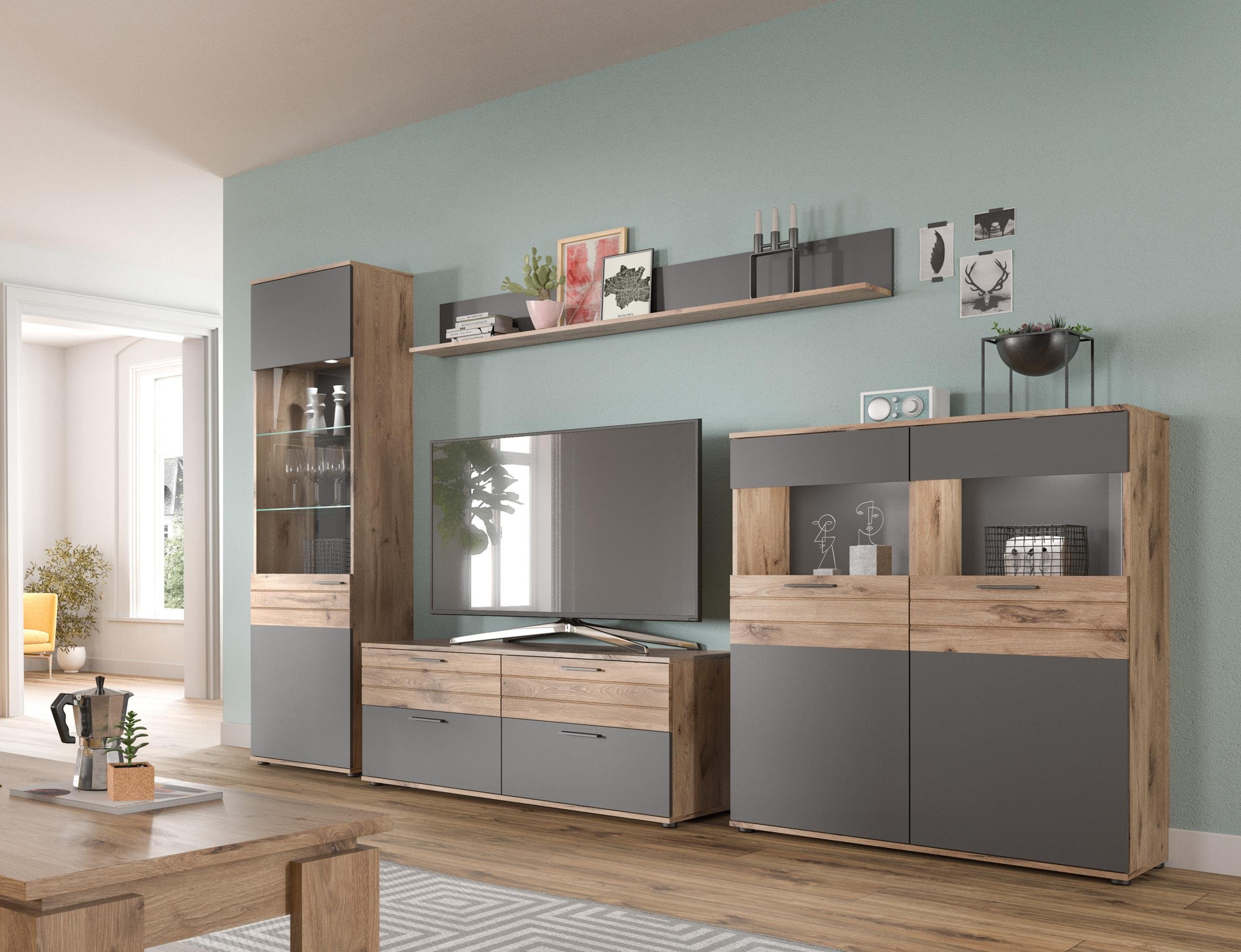 xonox.home Wohnwand Wohnwand MASON W01 4-teilig - Eiche und Basalt grau, (Komplett-Set, 4-St., Vitrine, Lowboard, Highboard, Wandboard)
