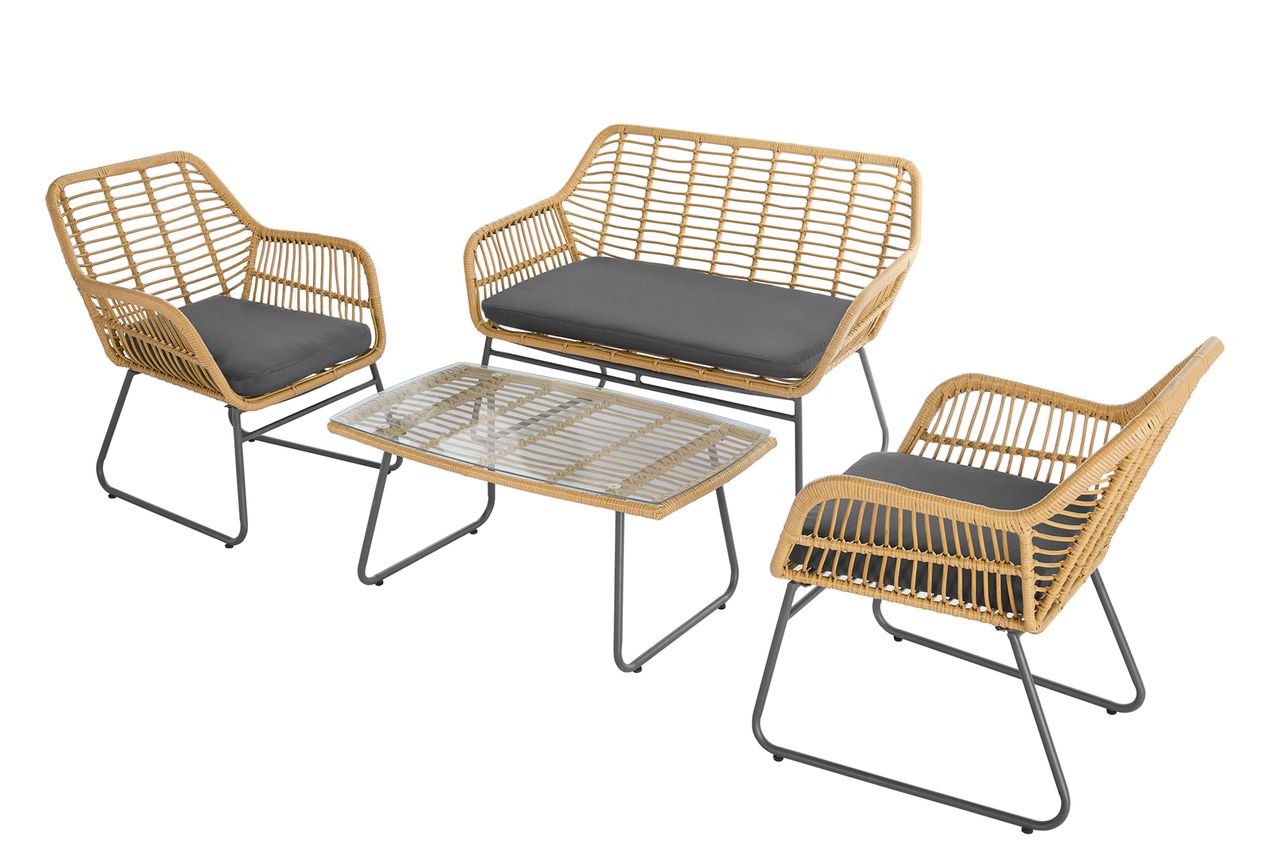 Happy Home Happy Home Lounge-Set 4tlg. HGS45-GRA helles Rattan mit Sitzkissen in grau