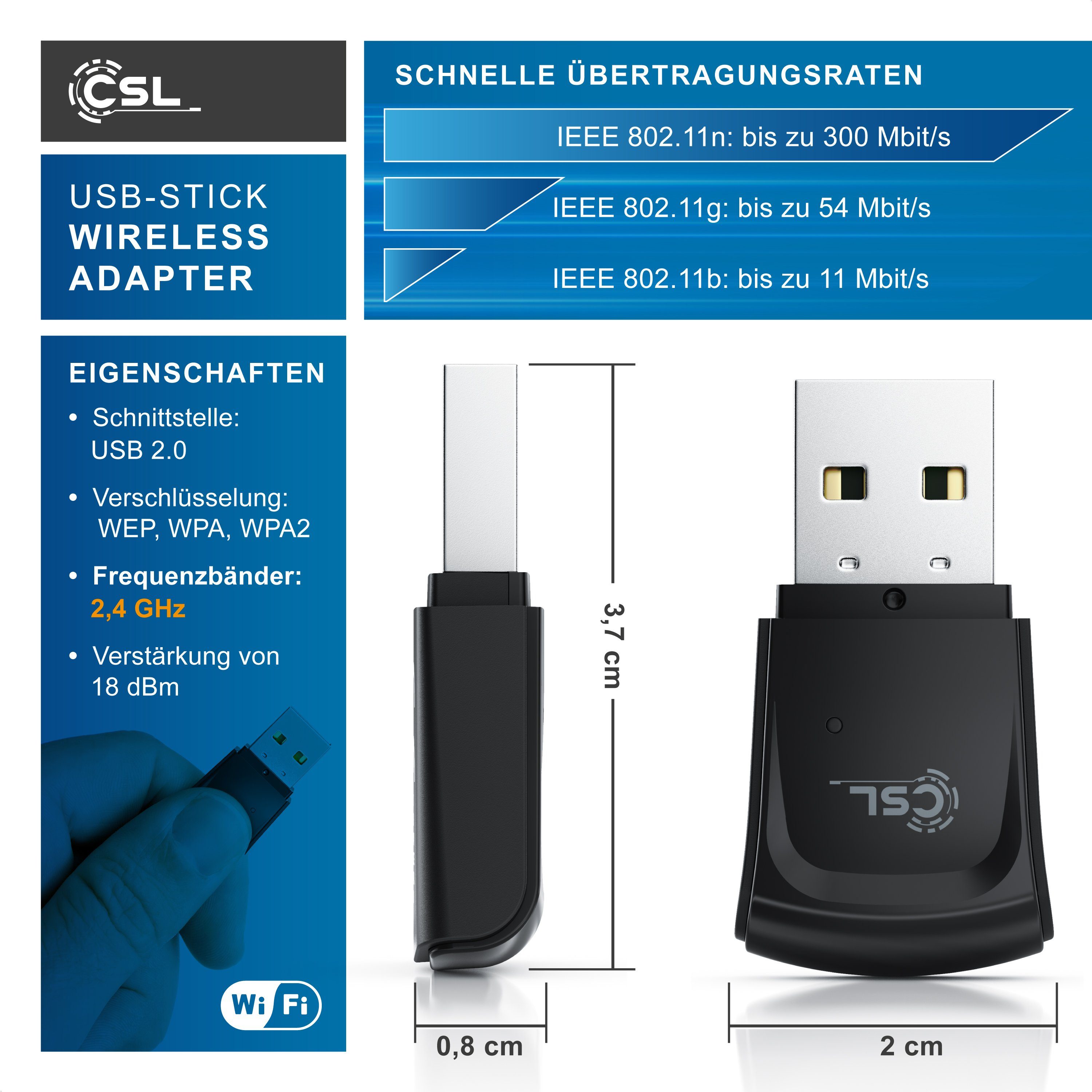 CSL WLAN-Dongle, 300 Mbit/s USB Stick WiFi Adapter 2,4 Ghz 2T2R, Verstärkung 18 dBm