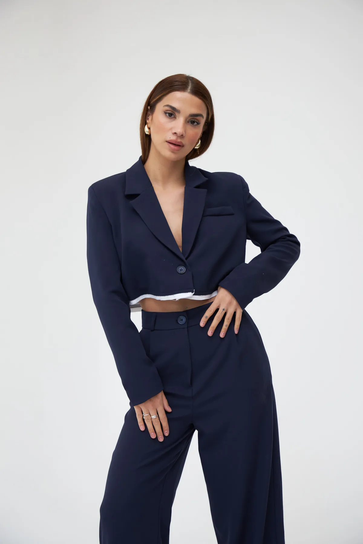 Laluvia  Marineblaues Palazzo-Set mit kurzem Jackett