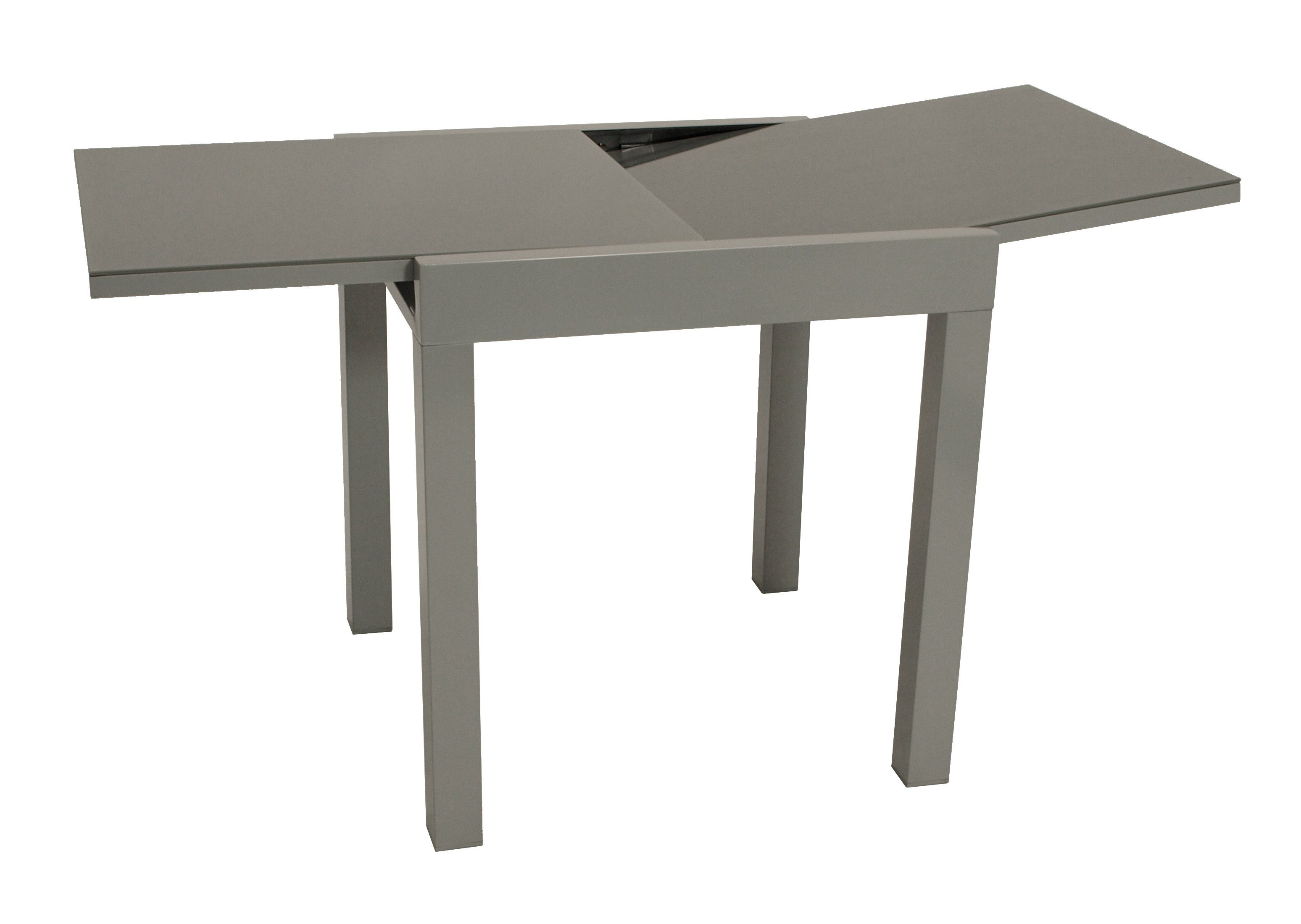 DEGAMO Garten-Essgruppe MARINA 5-teilig, 4x Klappsessel, 1x Ausziehtisch Glas 70/140x70cm, Alu silbergrau