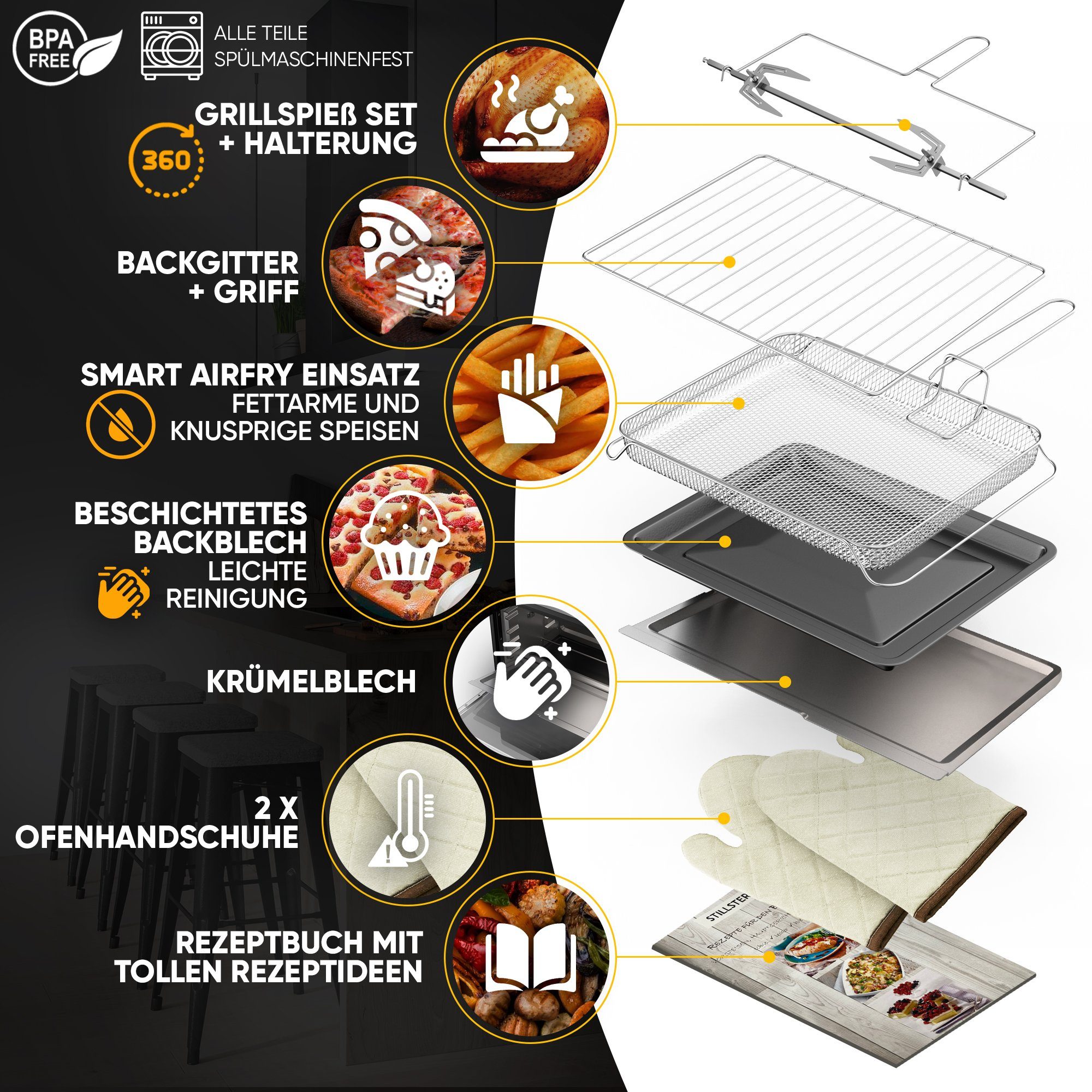 Stillstern Minibackofen MB45-KP 2G, Minibackofen mit Kochplatten und Umluft (45L)