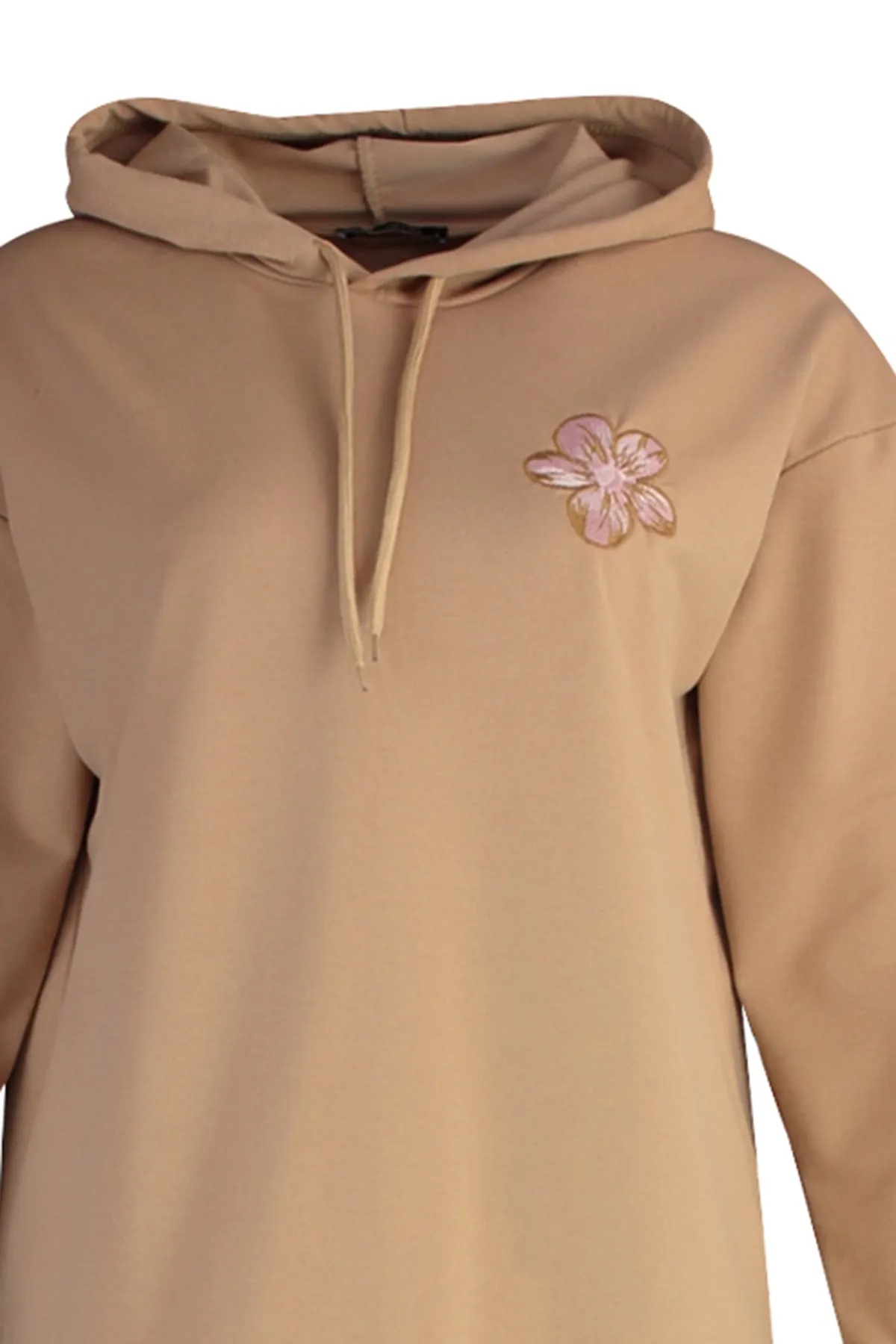 Trendyol Modest  Nerzfarbenes Strick-Trainingsanzug-Set mit Kapuze und Blumenmotiv TCTAW23EN00058
