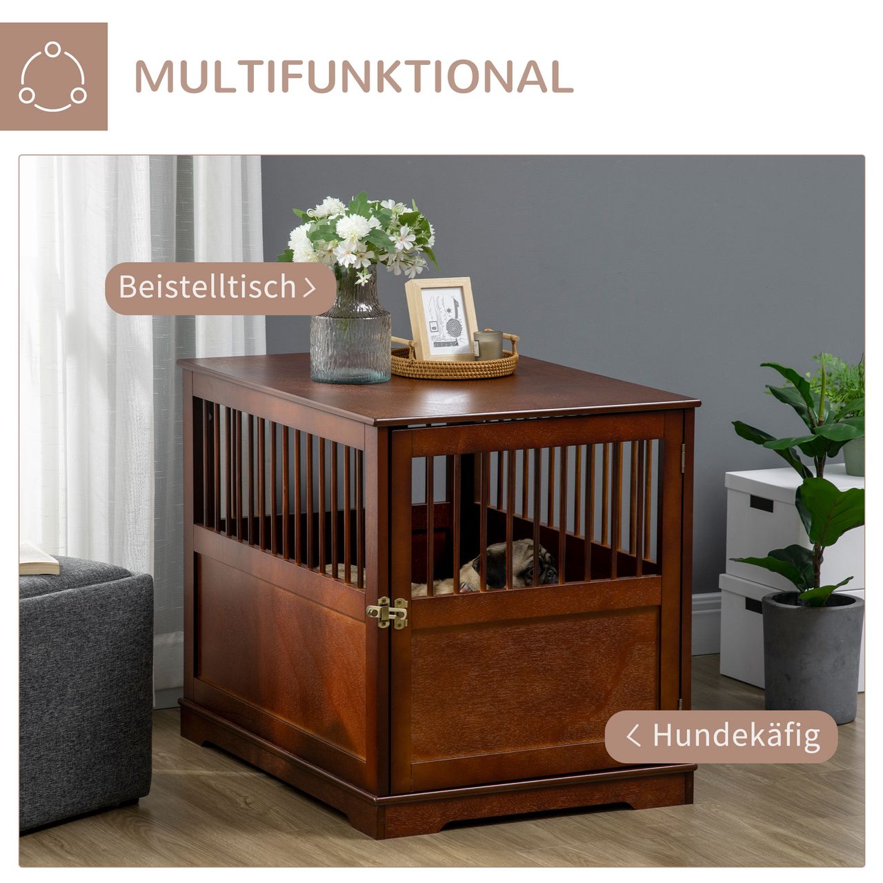 PawHut Hundekäfig, Hundehütte mit Tischplatte, Haustierkäfig, Hundebox, Braun