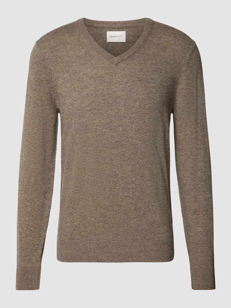 Strickpullover aus Lammwoll-Mix mit V-Ausschnitt in hellbraun meliert