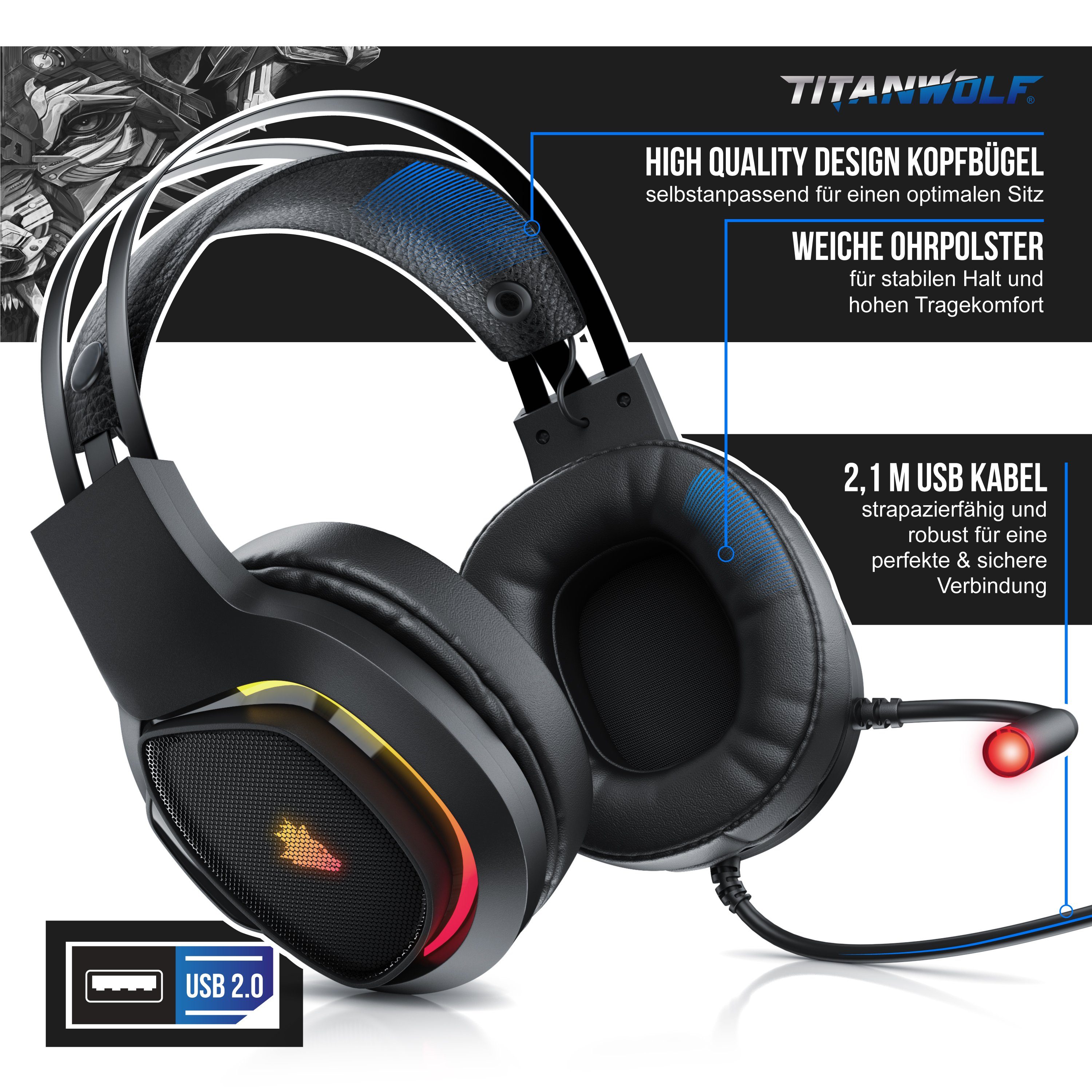 Titanwolf Gaming-Headset (PC Kopfhörer 7.1 Virtual Surround, Mikrofon, RGB LED, für PS4 PS5)