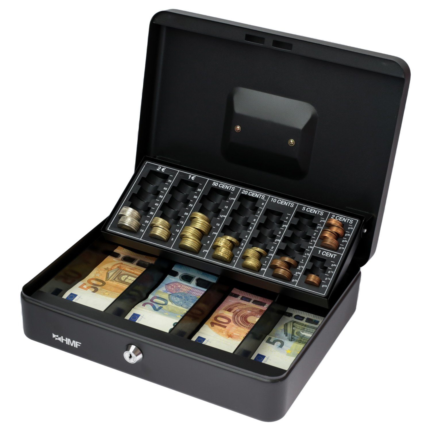 HMF Geldkassette Abschließbare Bargeldkasse mit Münzzählbrett und Scheinfach, robuste Geldbox mit Schlüssel, 30,5x24x8,5cm
