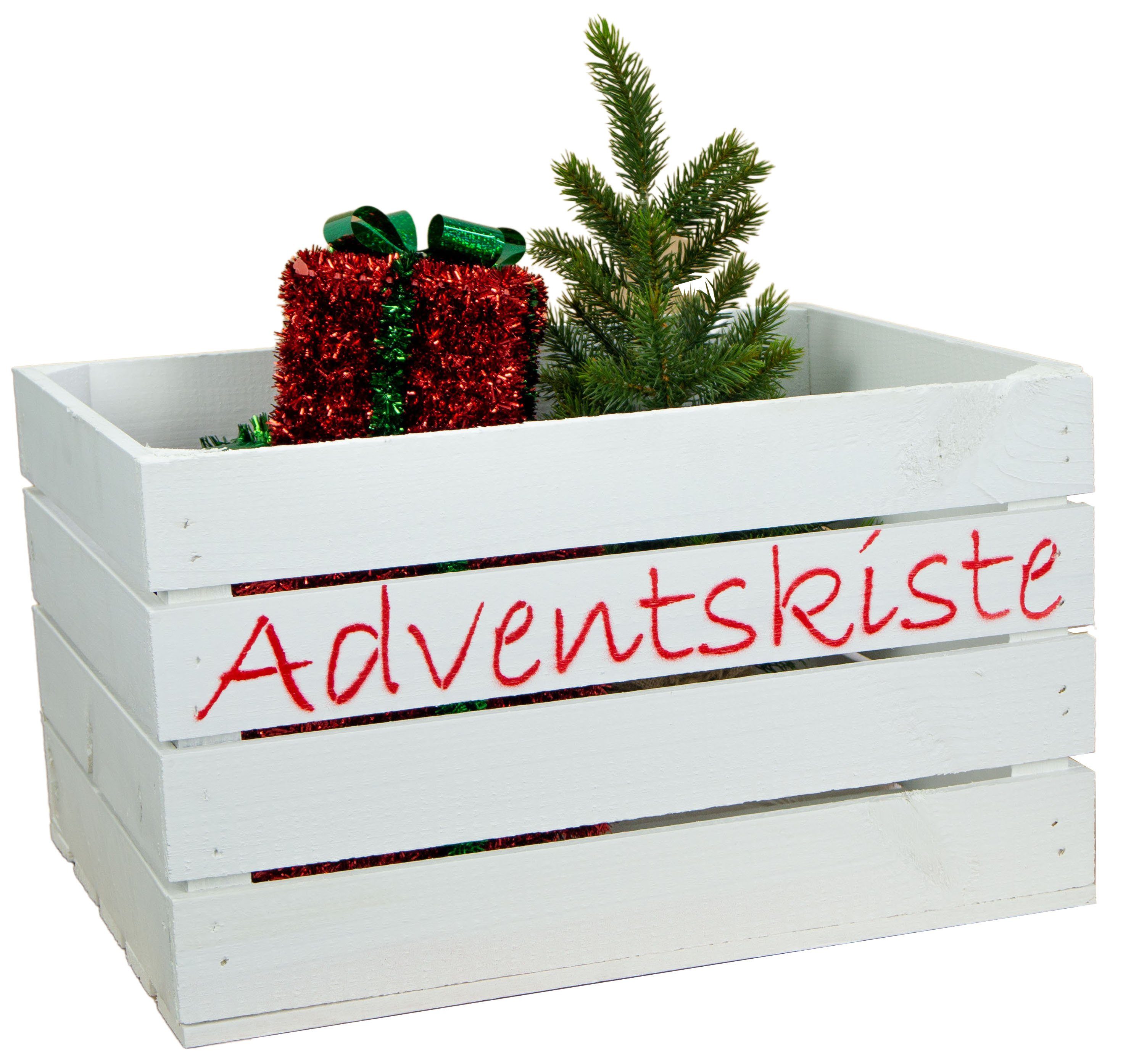 Kistenkolli Altes Land Allzweckkiste Adventskiste weiss mit roter Aufschrift Weinkiste Holzkiste Weihnachts