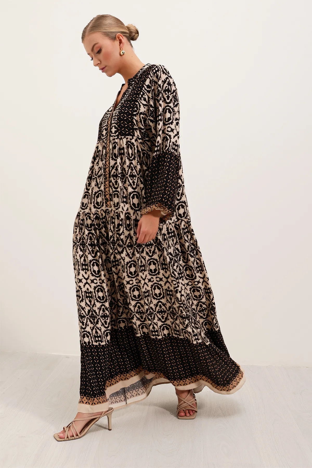 Bigdart  Schwarz-beige gemustertes Viskose-Hijab-Kleid für Damen 2423