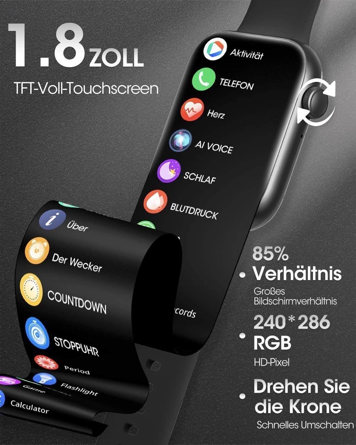 Yuede Smartwatch, Fitness Uhr mit Anruffunktion für Damen und Herren Smartwatch (9h Kratzfestes Voll Touch Display cm/1.8 Zoll) Armbanduhr mit Schrittzähler, Pulsuhr, Blutdruckmessung und Blutzuckermessung(Spo2), Ip67 Wasserdichte Sportuhr mit 120 Tr