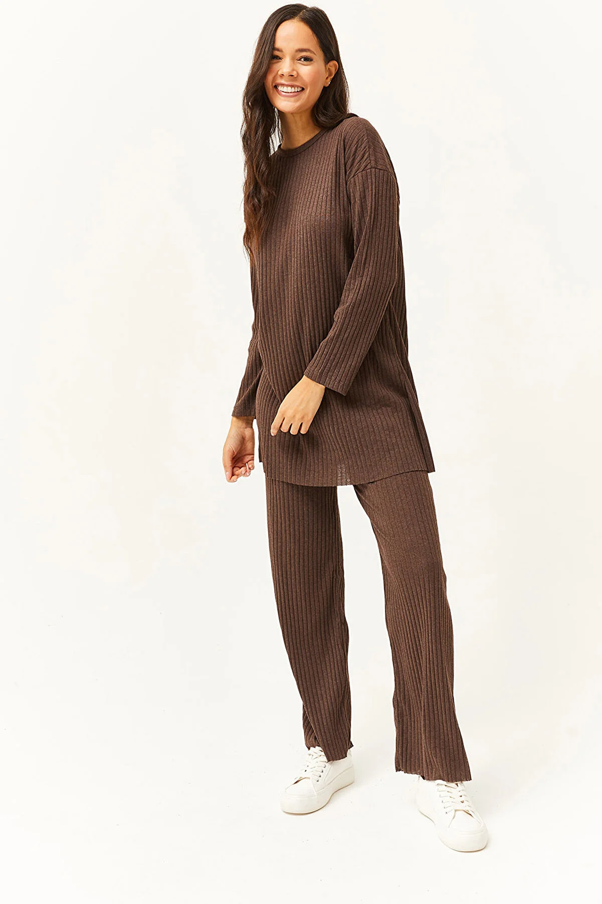 Olalook  Damen Bitterbraun Oberteil Schlitz Bluse Unterteil Palazzo Kordel Anzug TKM-19000180