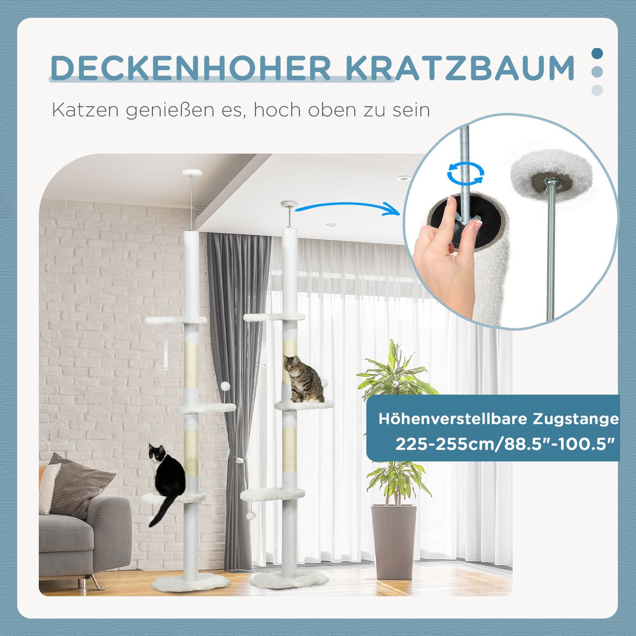 PawHut Deckenhoher Kratzbaum 2,25-2,55m Sitzplattformen Plüsch Spielbälle Weiß