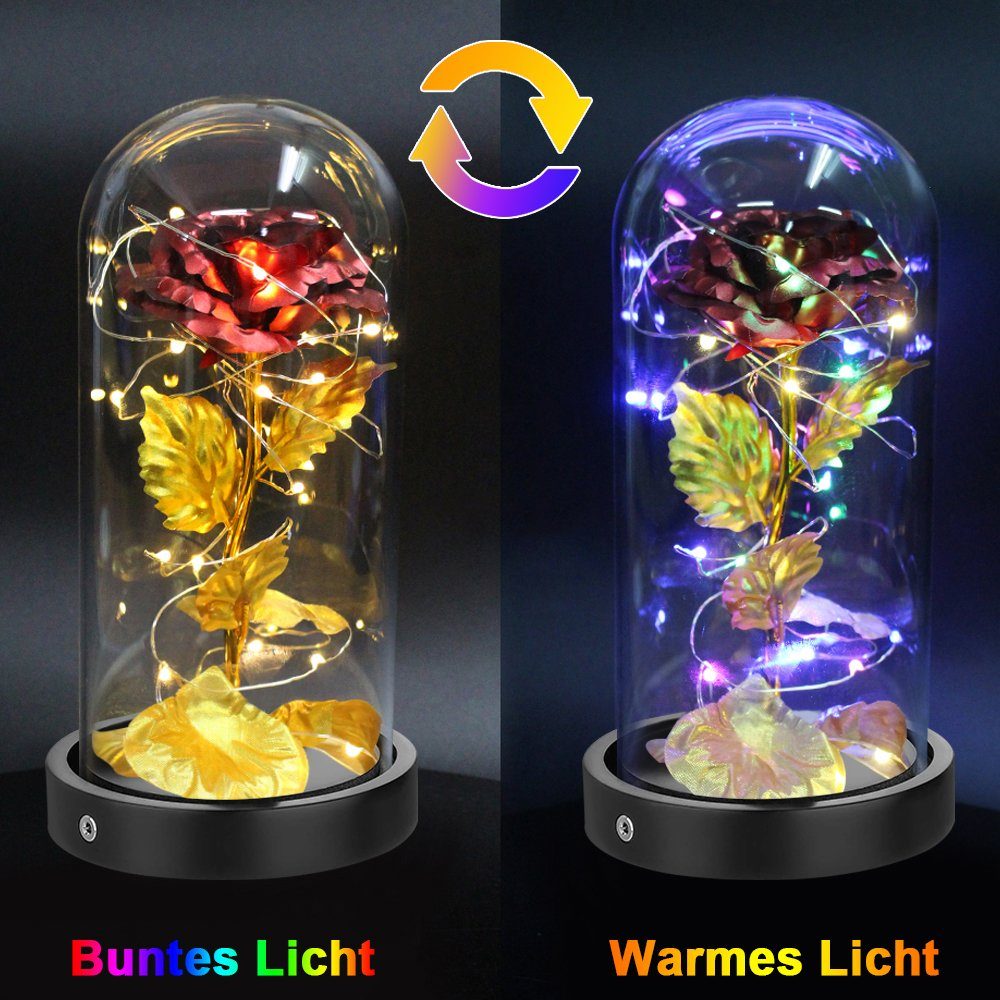 Kunstblume Rose im Glas: Edle Kunst-Rose & Bär, mit LED Lichter,ewige Blumen, Sunicol, Höhe 22 cm, für Hochzeit Muttertag Geburtstag Valentinstag Geschenk