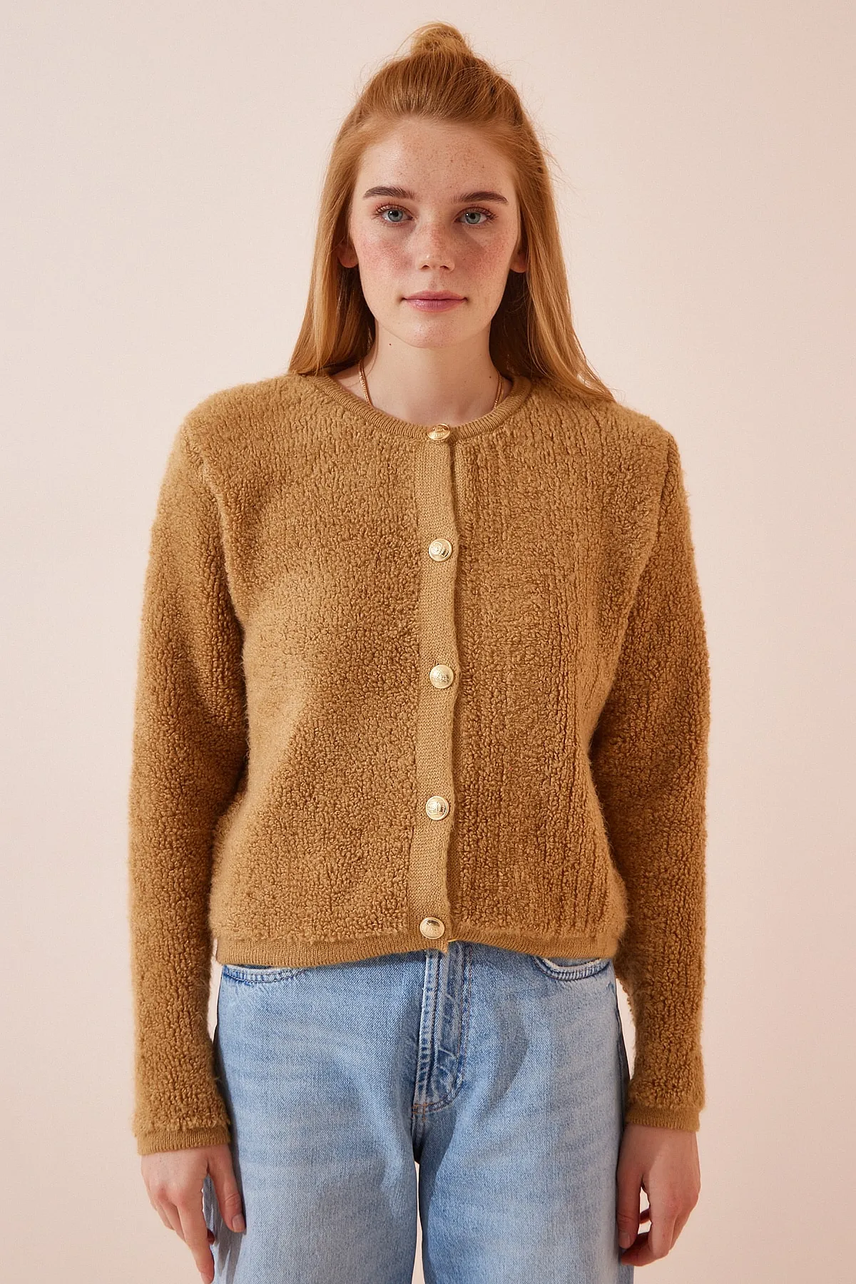 Happiness İstanbul  Damen Biscuit Bouclé Strickjacke Cardigan YY00117