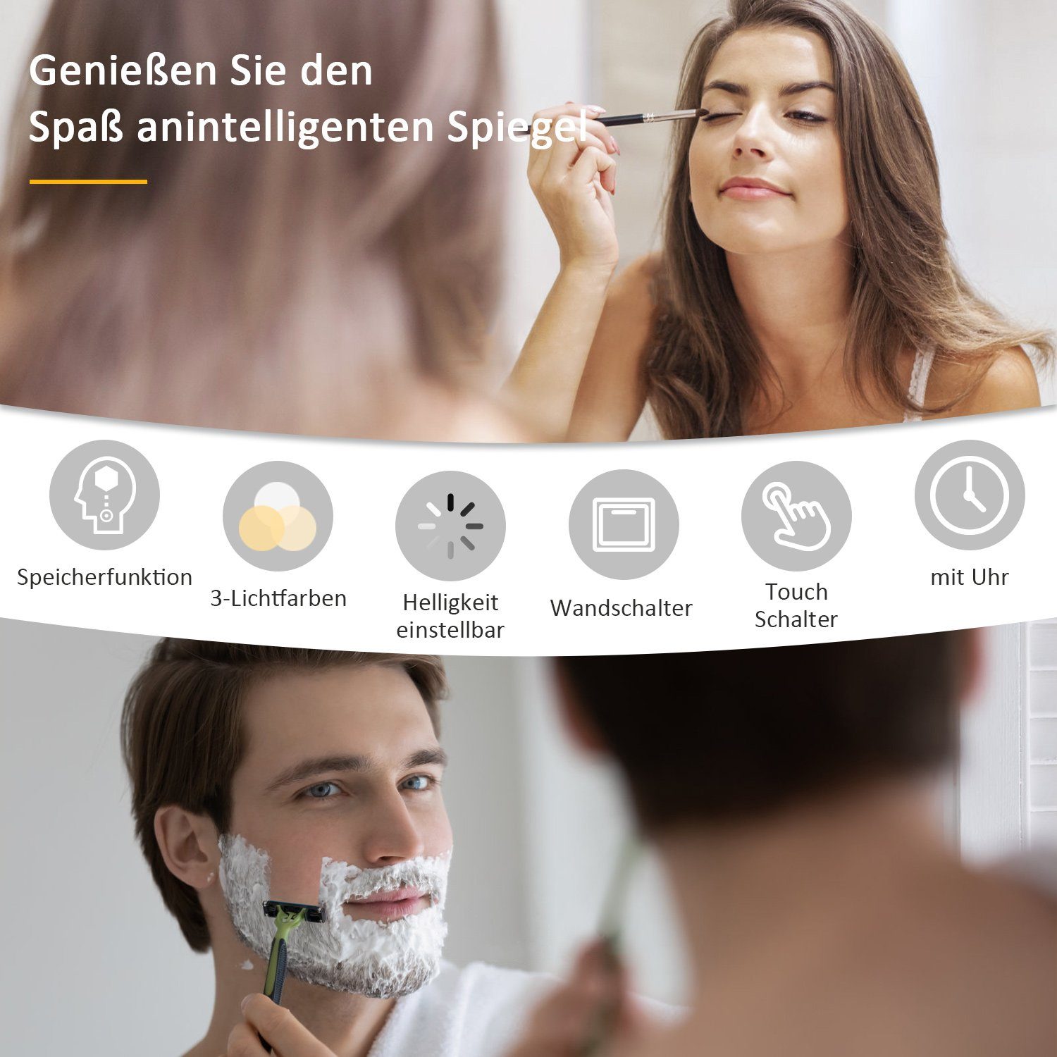 WDWRITTI Spiegel Bad mit uhr Touch Badspiegel mit beleuchtung 50x70 (Wandspiegel Helligkeit 3Lichtfarben, 3000-6500K), Speicherfunktion, IP44