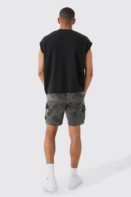 Schwarz Cord-Cargoshorts mit Acid-Waschung und elastischem Bund
