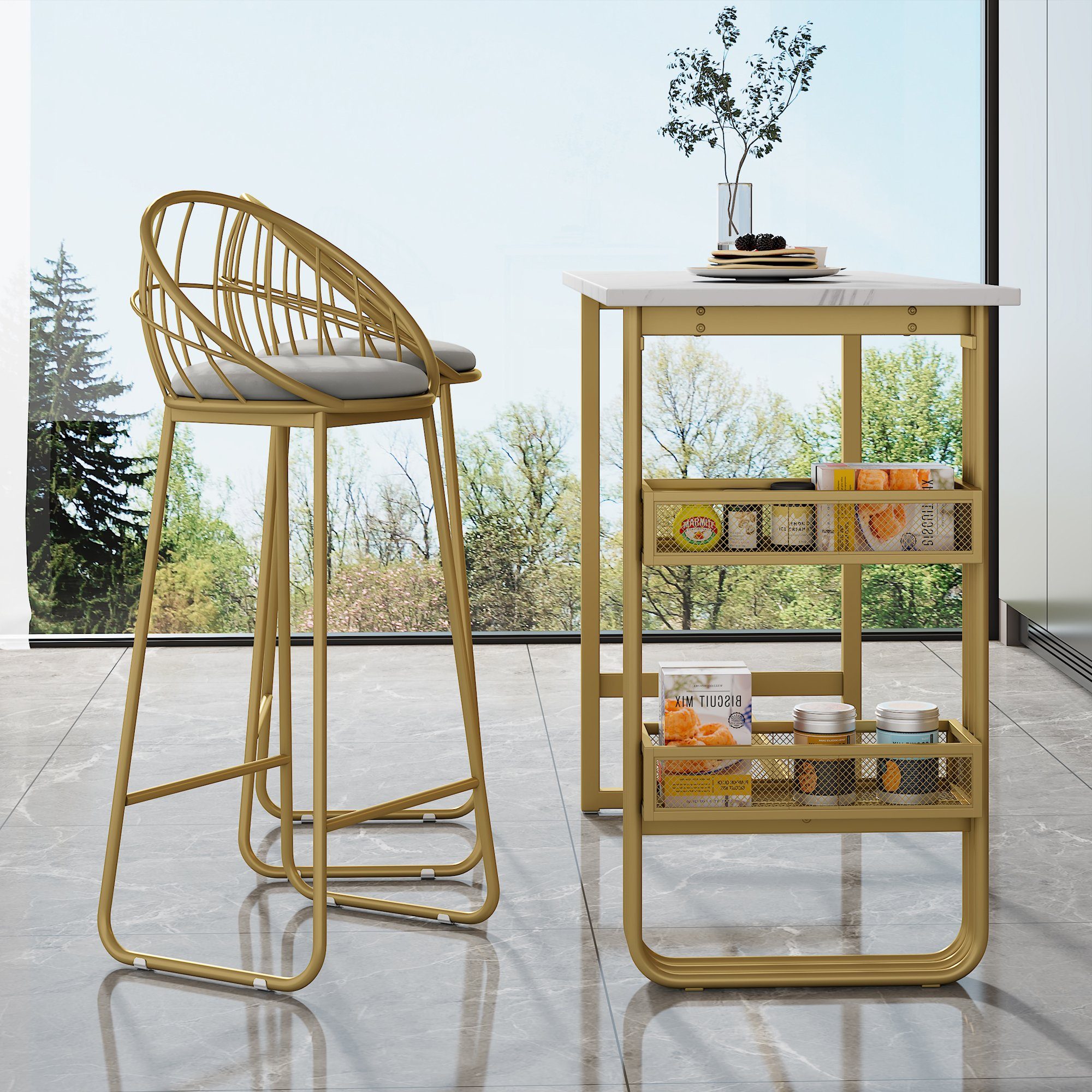 REDOM Bargruppe Stehtisch mit Lagerregal Barstühle Samt ​, (3-tlg), Bartisch mit 2er BarHocker Set
