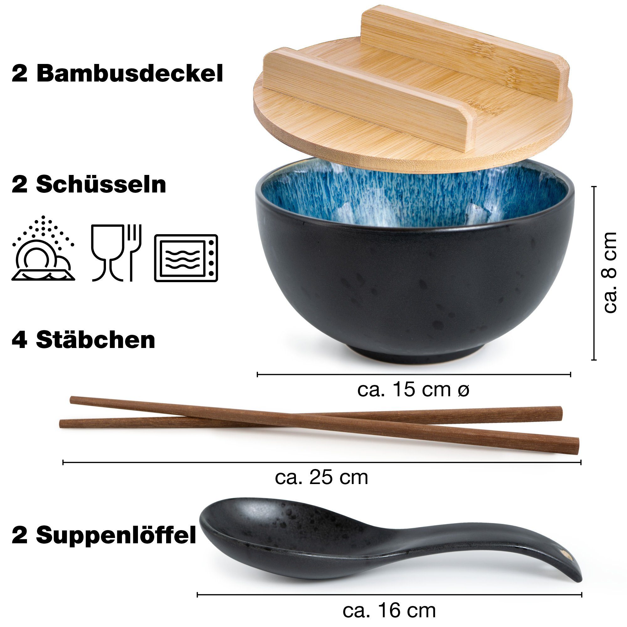 Moritz & Moritz Suppenschüssel 2x Ramen Schüssel Blau, Keramik, (2 Personen), Ramen Bowl Set