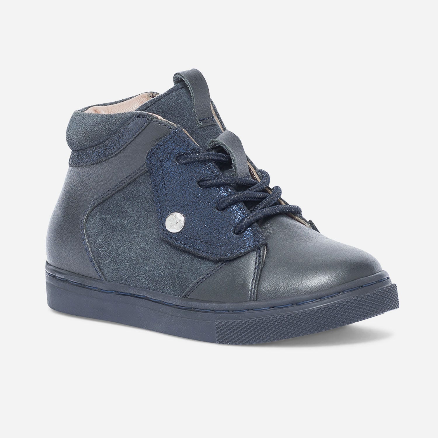 Boots à lacet bleu marine en cuir et cuir velours