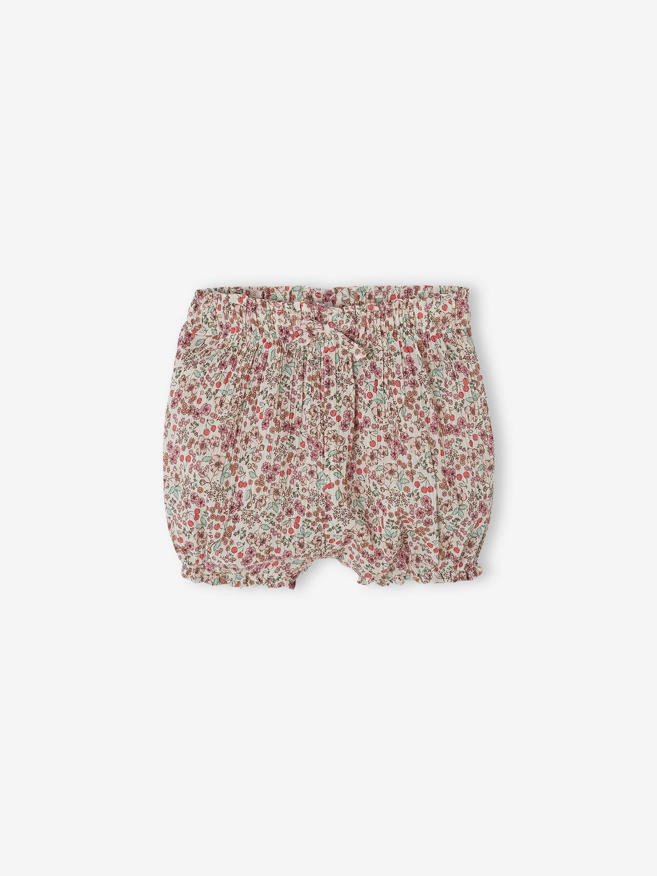 Vertbaudet Baby-Set: T-Shirt mit Kragen & geblümte Shorts, personalisierbar - wollweiß