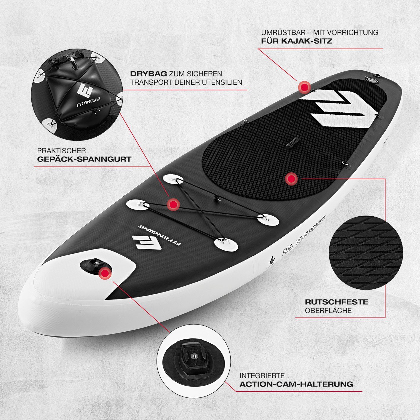 FitEngine Inflatable SUP-Board Stand Up Paddle, extra Groß stabil 365cm 160kg aufblasbar