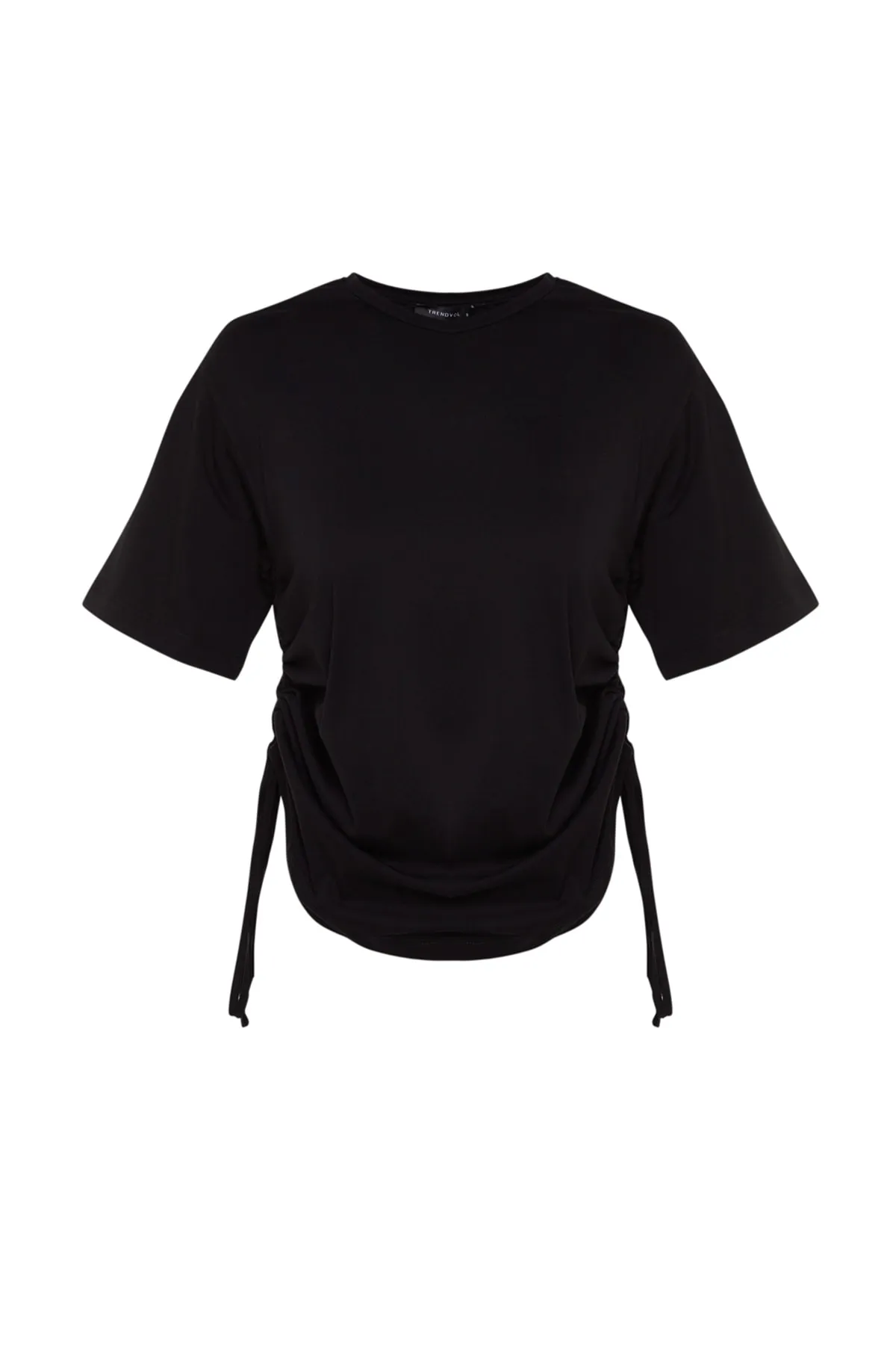Trendyol Collection  Baumwoll-T-Shirt mit Boyfriend-Fit-Rücken und Aufdruck – Rundhalsausschnitt, Kordelzugdetail, Schwarz, 100 % Baumwolle TWOSS23TS00150