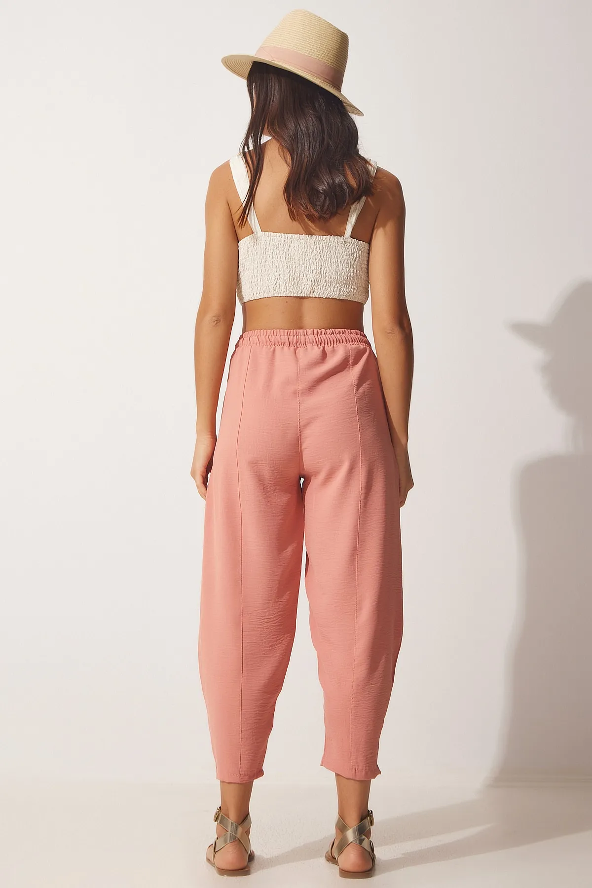 Happiness İstanbul  Hellrosa Shalwar-Hose aus getrocknetem Leinen für Damen CI00036