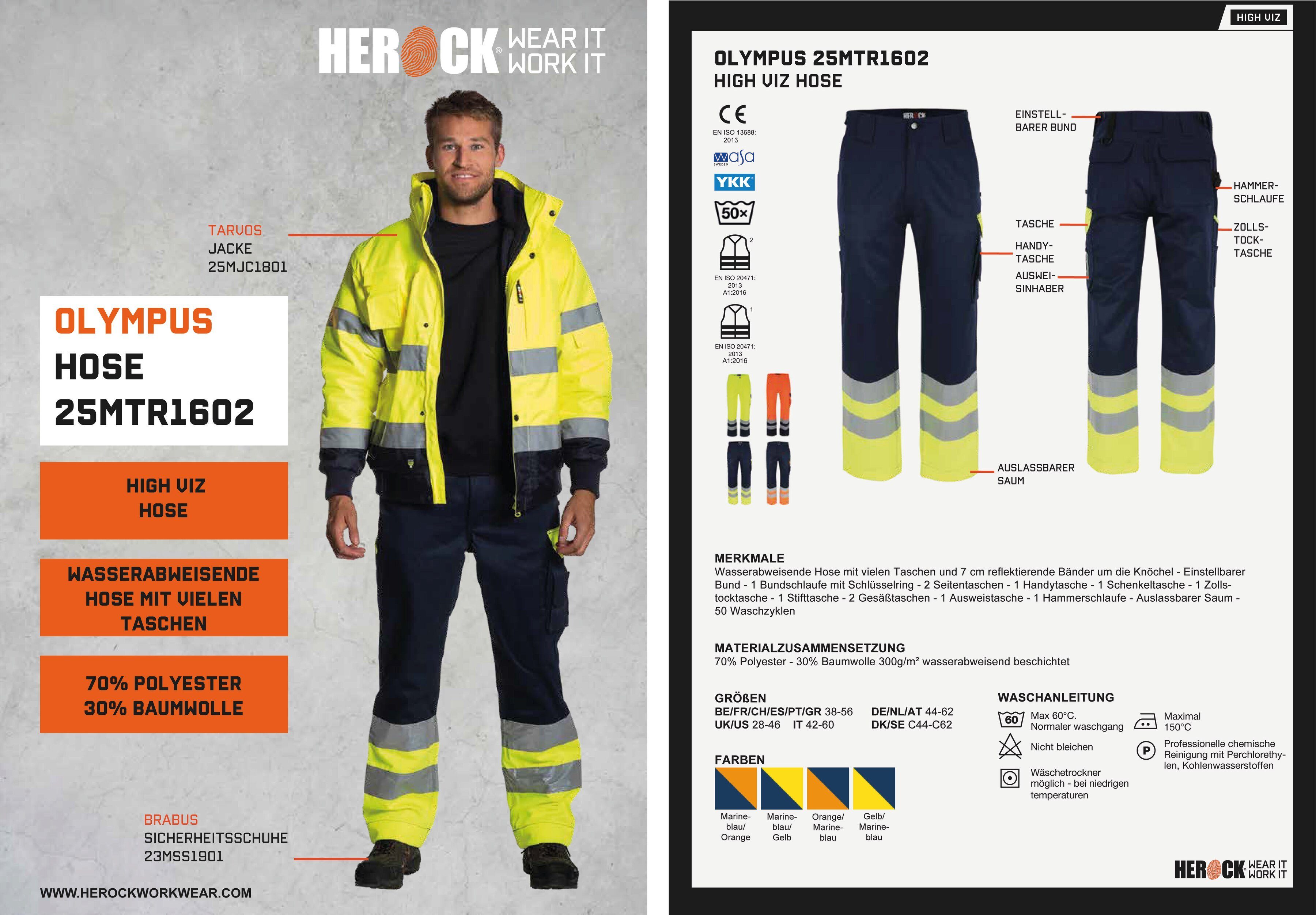 Herock Arbeitshose Olympus Hochsichtbar Hose Wasserabweisend, viele Taschen, 2 Schlaufen, verstellbarer Bund
